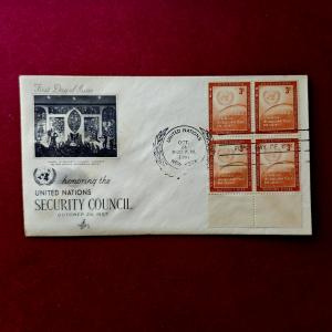 FDC : 1957 United Nations Security Council Commemorative FDC – Block of Four 3¢ Orange Stamps with Security Council Chamber Mural Cachet