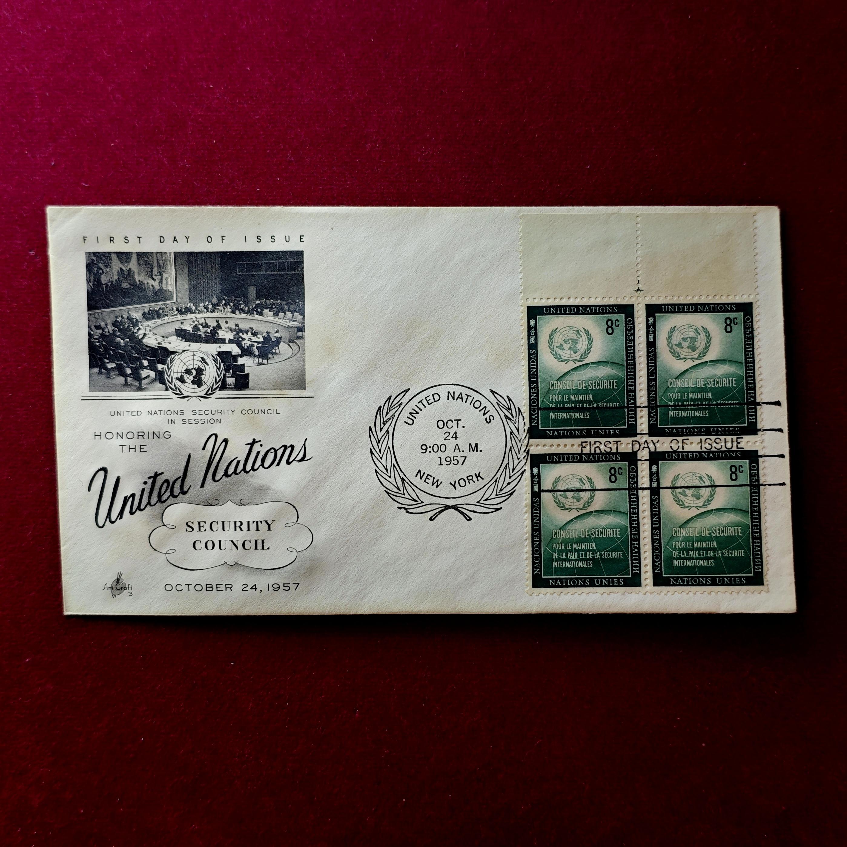 FDC :-1957 United Nations With 4V Stamps honoring the United Nations Security Council 8 Cents (New York)