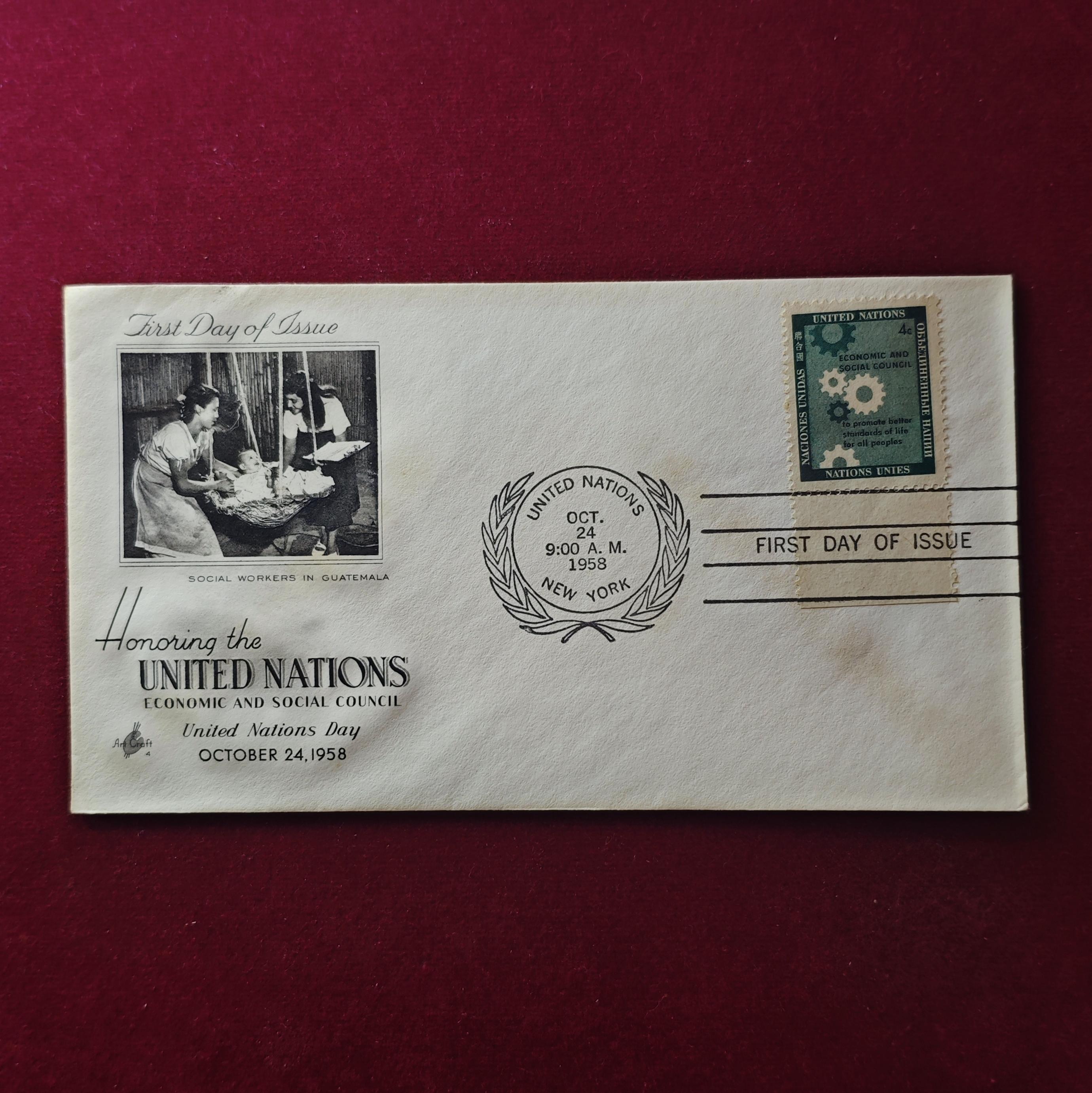 FDC :- 1958 honoring the United Nations Economic and Social Council and Social Workers in Guatemala.United Nations Day