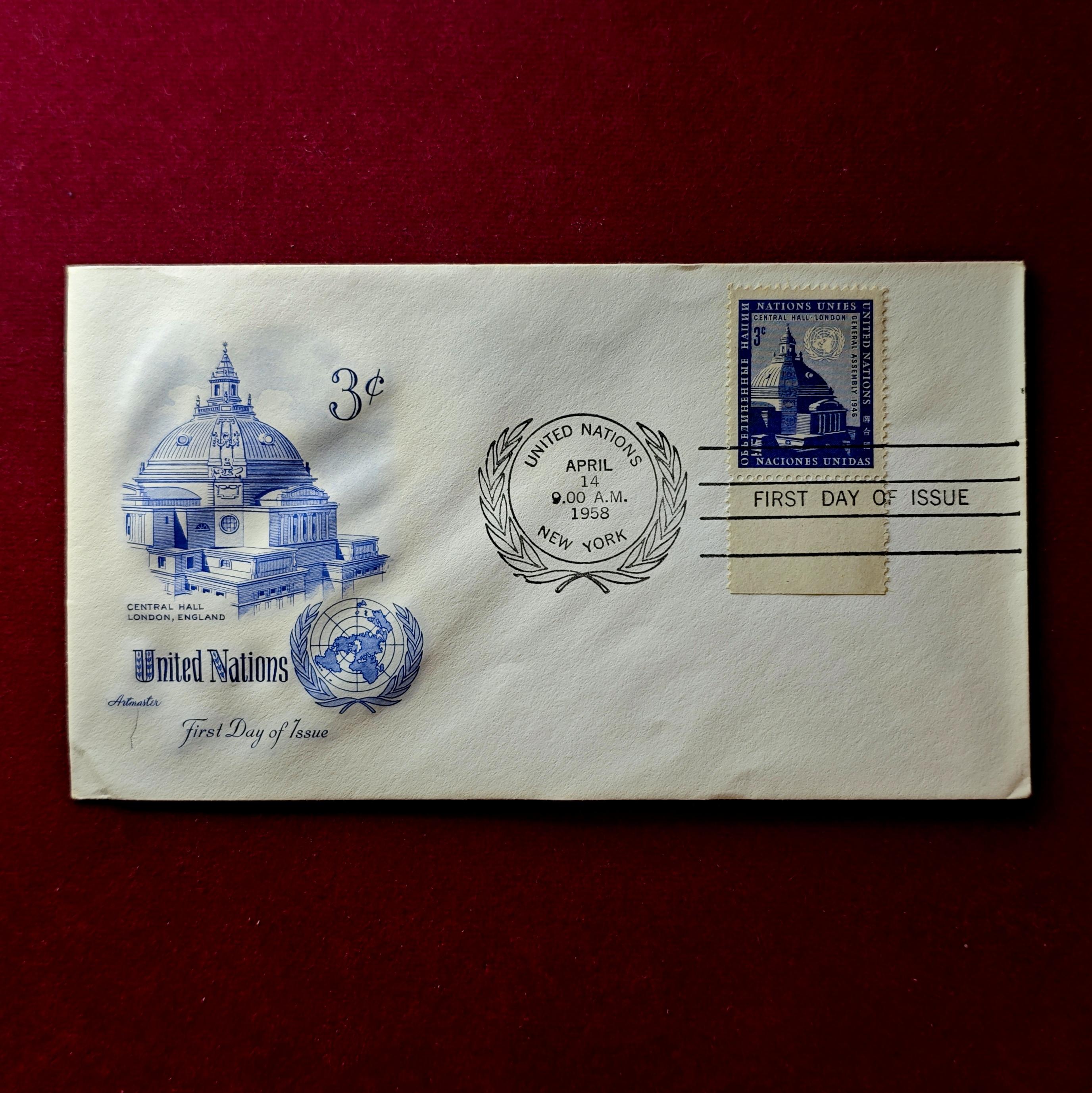 FDC :-1958 United Nations commemorating the Central Hall in London, England (3 Cents)