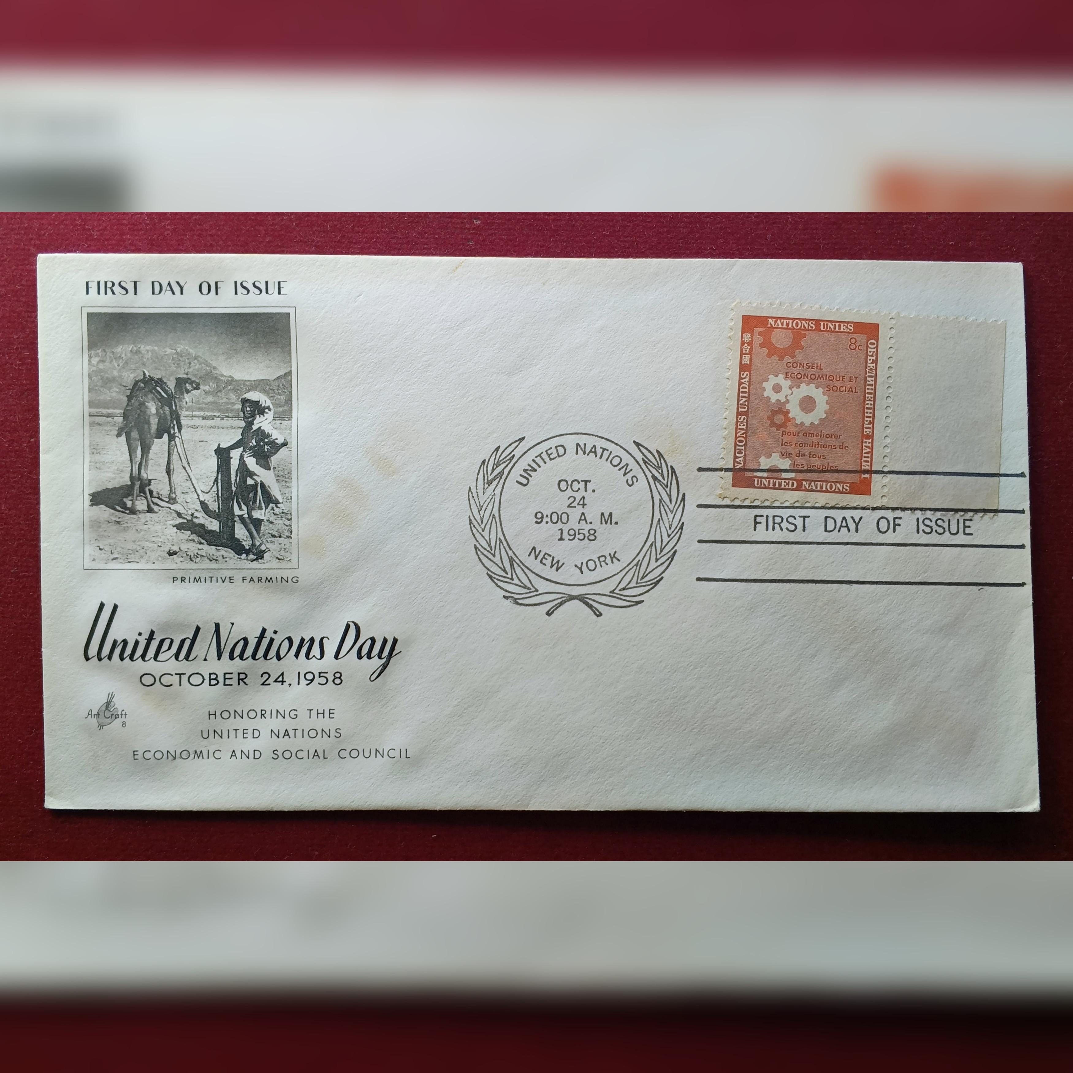 FDC :- 1958 United Nations Day With Stamp honoring the United Nations Economic and Social Council