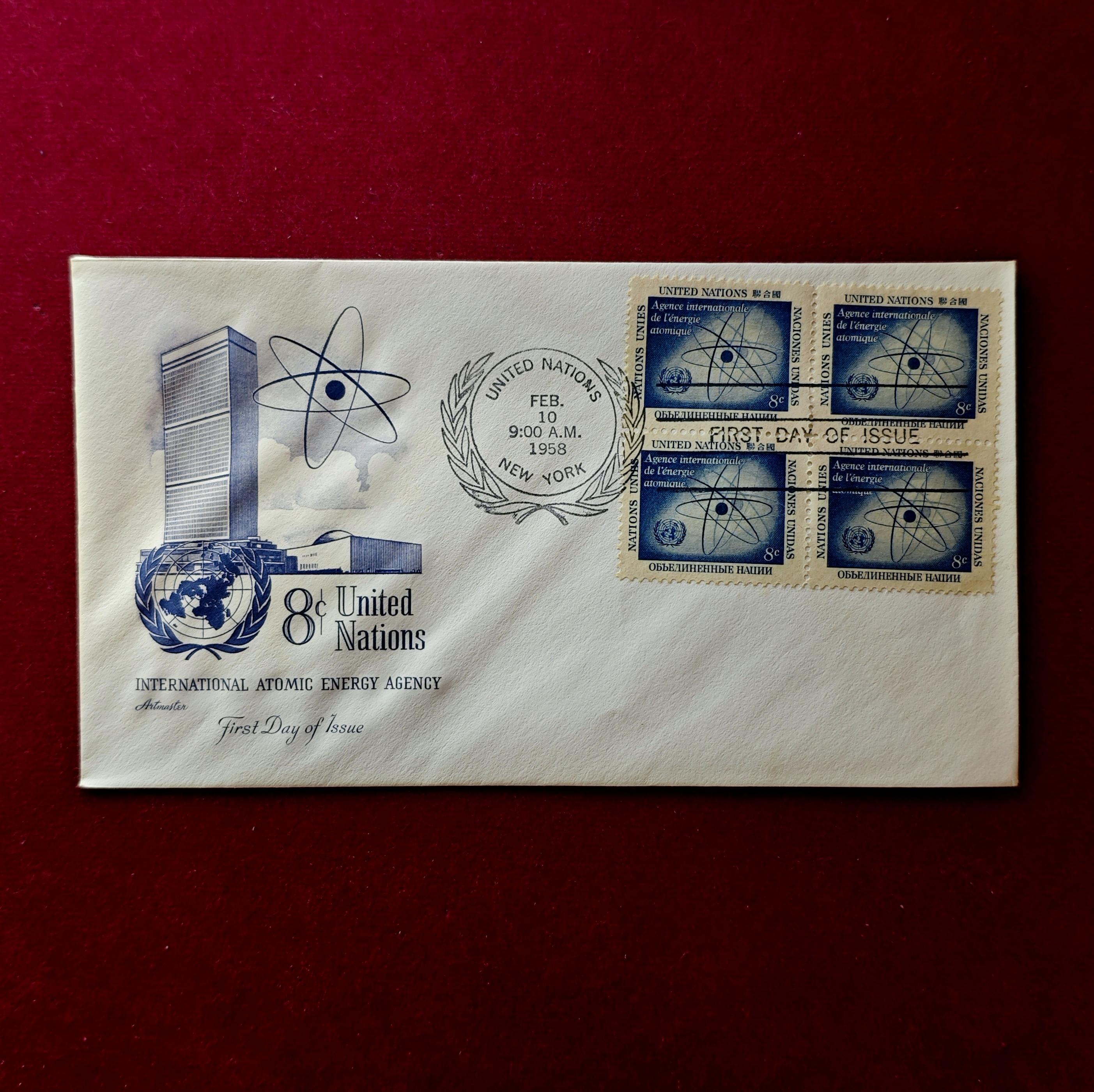 FDC :-1958 United Nations With 4V Stamps honoring the International Atomic Energy Agency 8 Cents (New York)