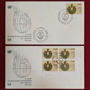 FDC :-  Set of 2 United Nations 1981 “10th Anniversary of the United Nations Volunteers Programme” First Day Covers – Geneva Issue – Featuring 0.40 Fr Stamps and Block of Four