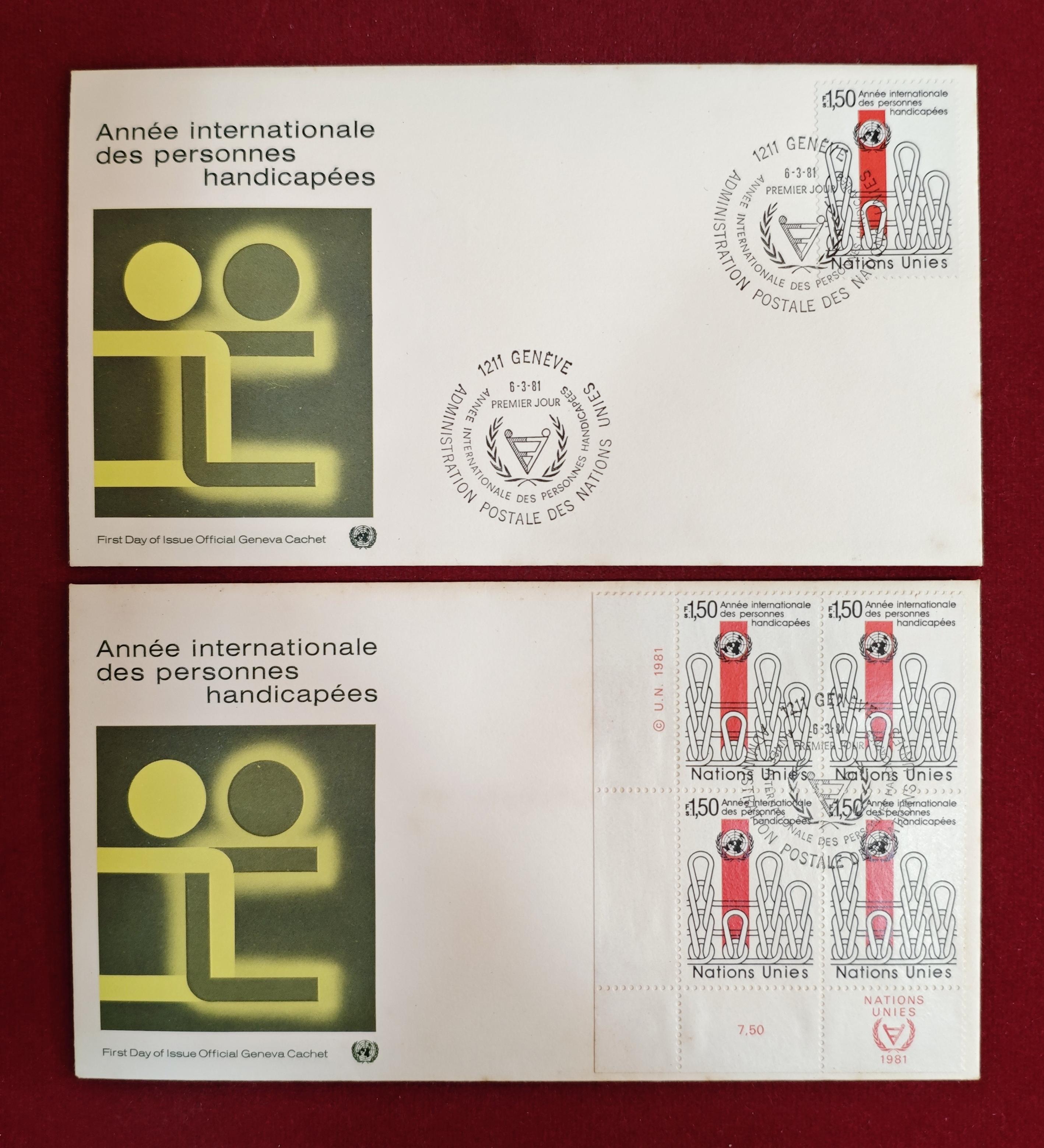 FDC :-  Set of 2 United Nations 1981 “International Year of Disabled Persons” First Day Covers – Geneva Issue – Featuring 0.40 Fr Stamps and Block of Four