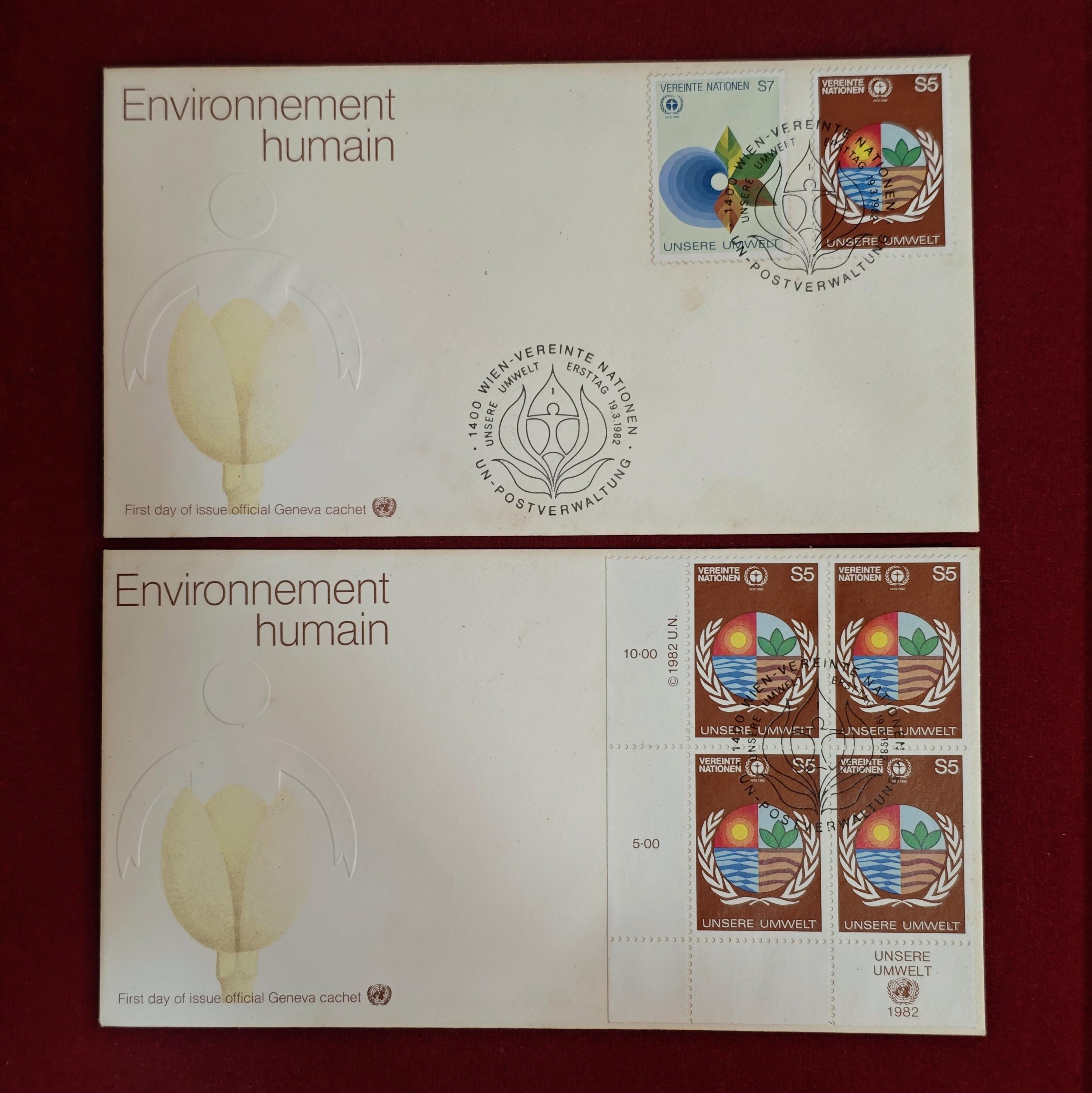FDC :-  Set of 2 United Nations 1982 “Human Environment” First Day Covers – Vienna Issue – Featuring S7 and S5 Stamps and Block of Four (Unsere Umwelt / Our Environment Design)