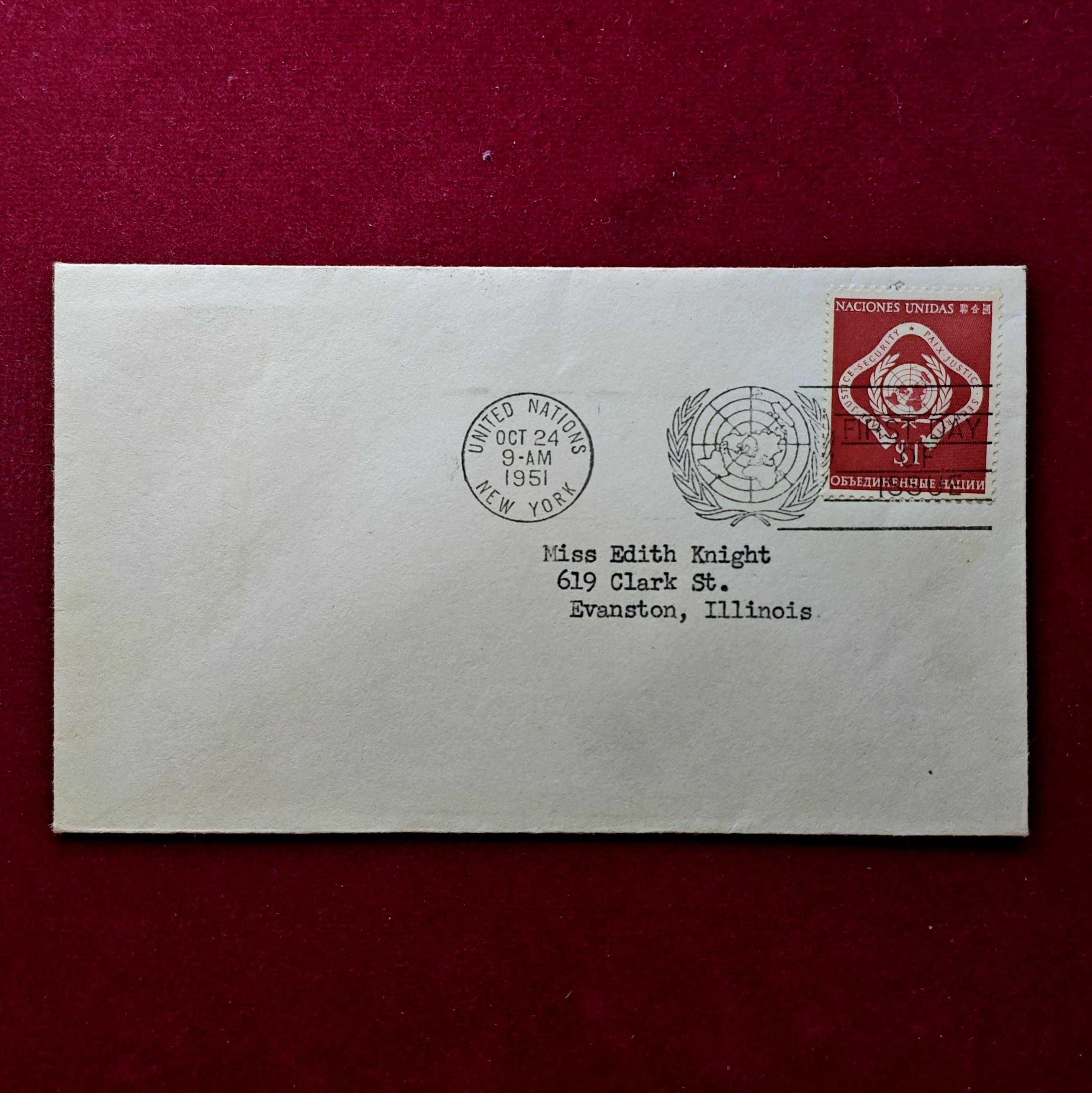 FDC:- United Nations 1951 “UN Emblem” 8¢ First Day Cover — New York, October 24, 1951