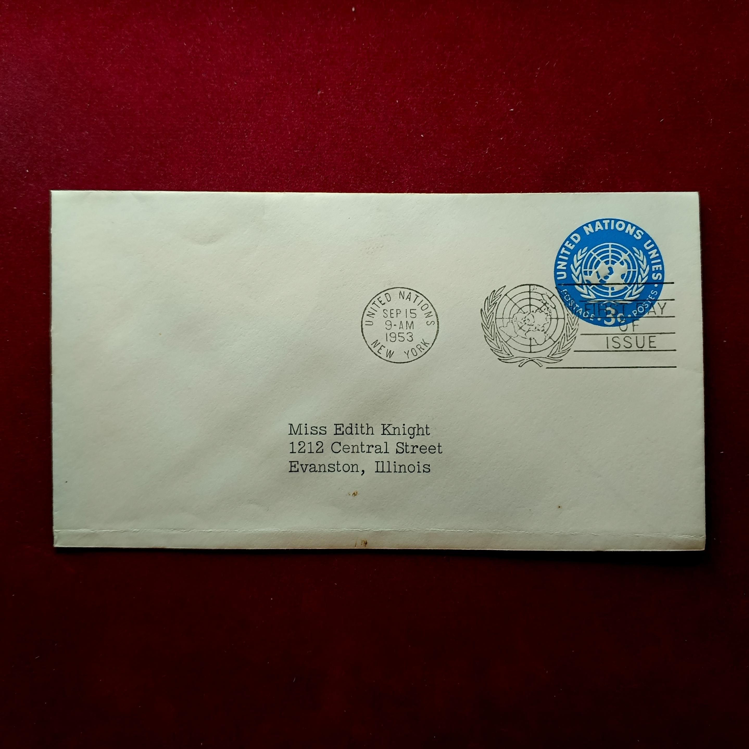 FDC :- United Nations 1953 — 1½¢ Flag of the United Nations Issue, New York Cancellation