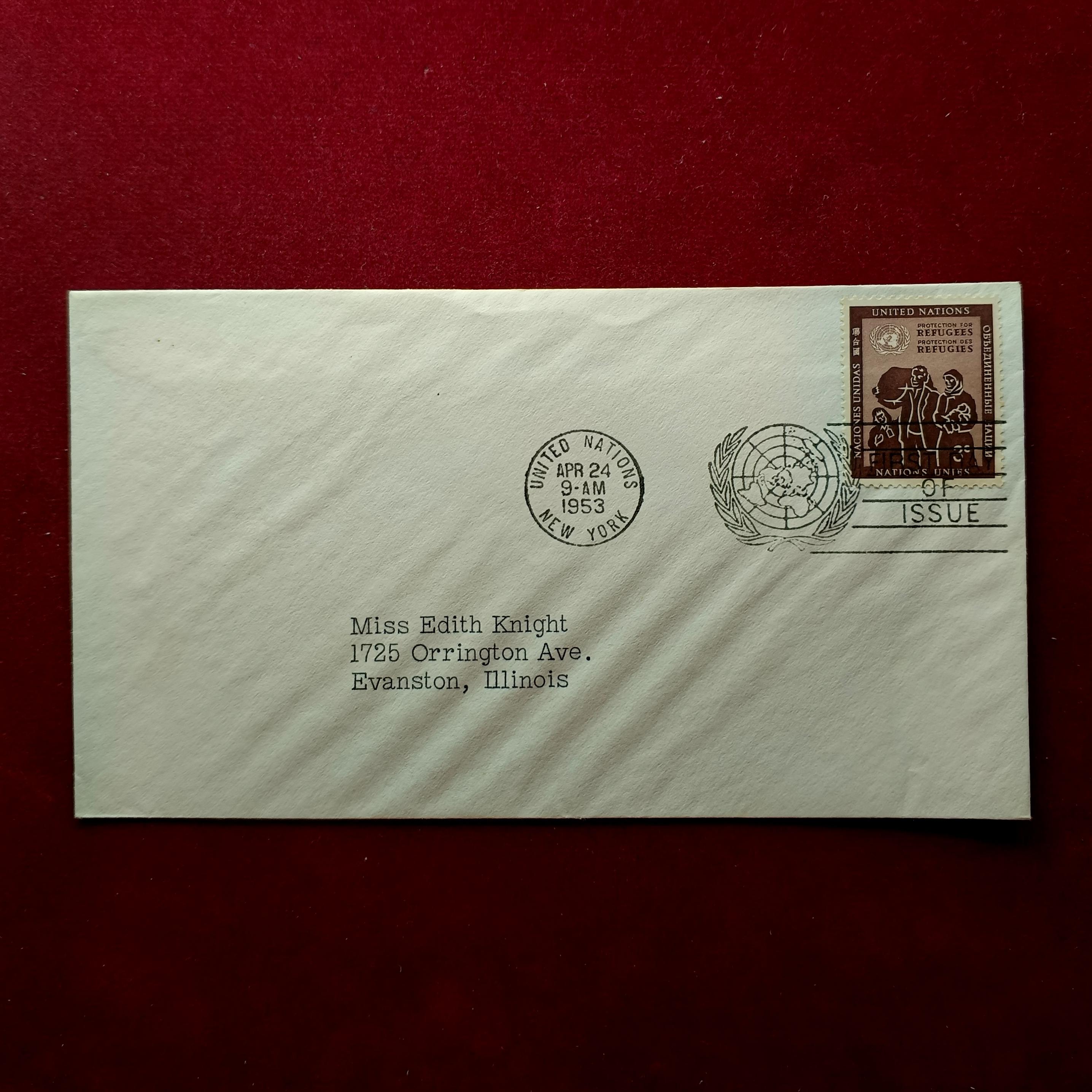 FDC:- United Nations 1953 — 3¢ Refugees Issue, New York Cancellation