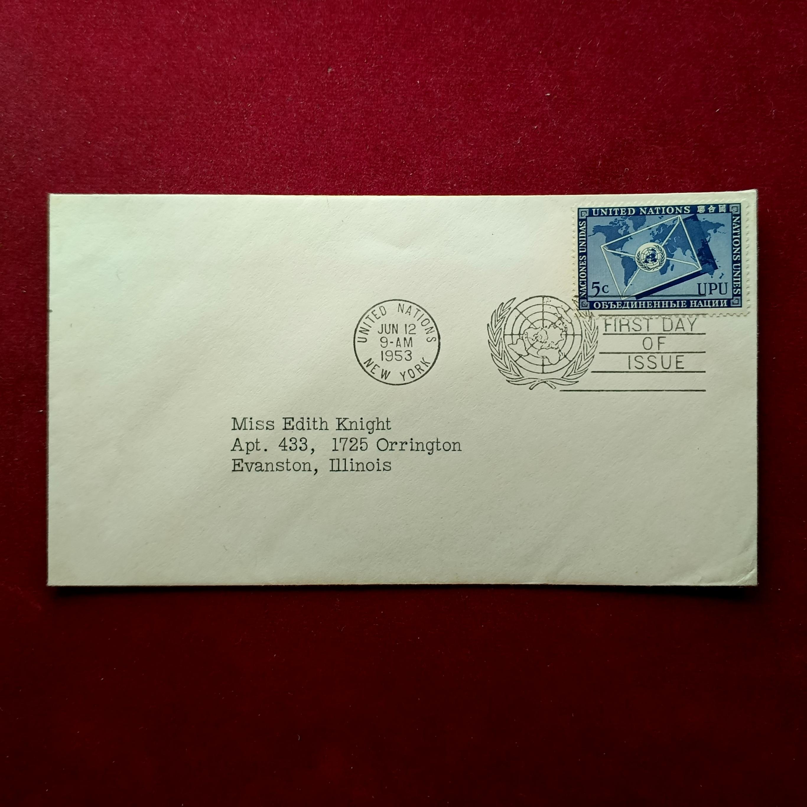 FDC :- United Nations 1953 — 5¢ Universal Postal Union (UPU) Issue, New York Cancellation