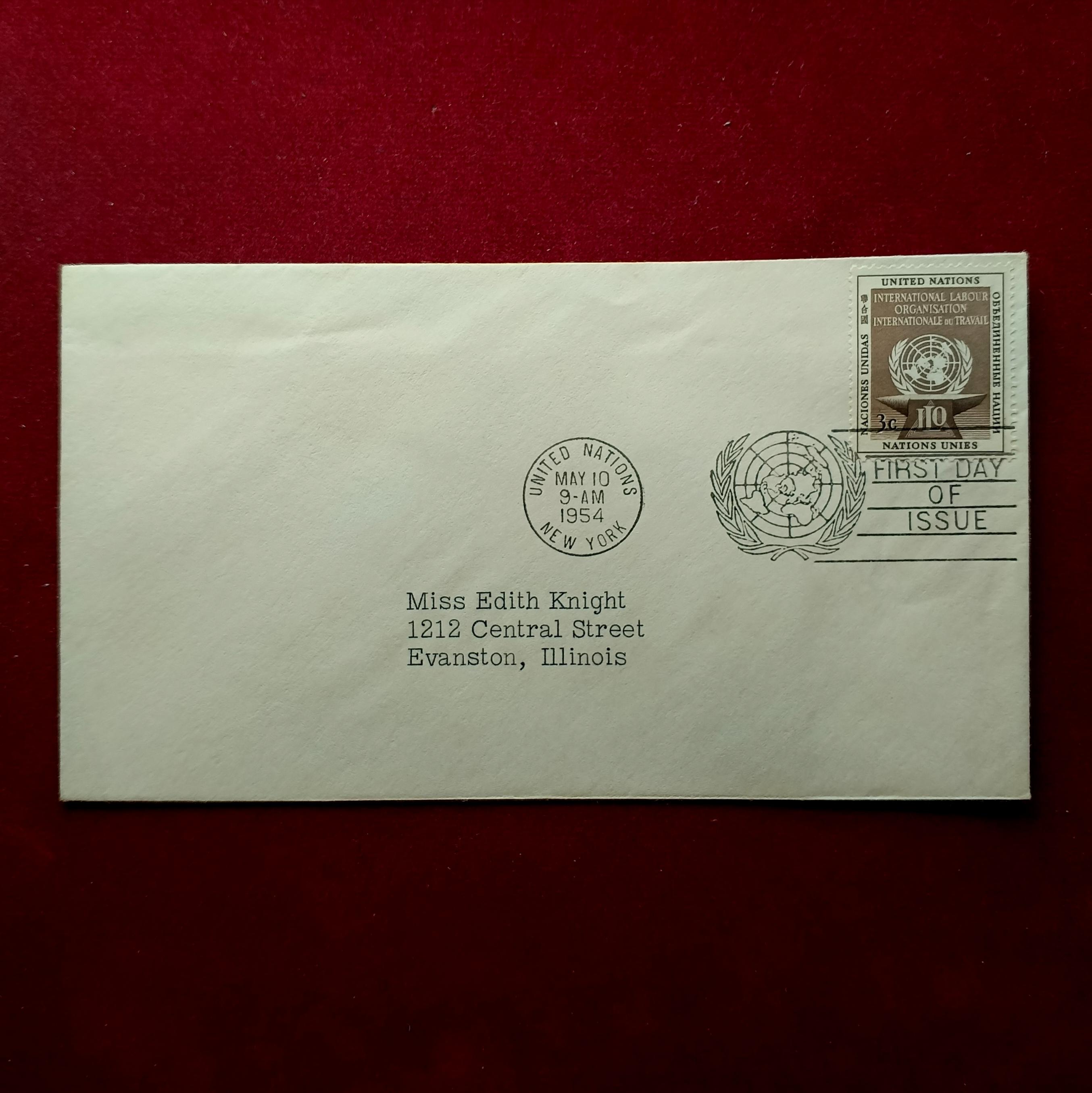 FDC :- United Nations 1954 International Labour Organization (ILO / OIT) 3¢ Issue, New York Cancellation