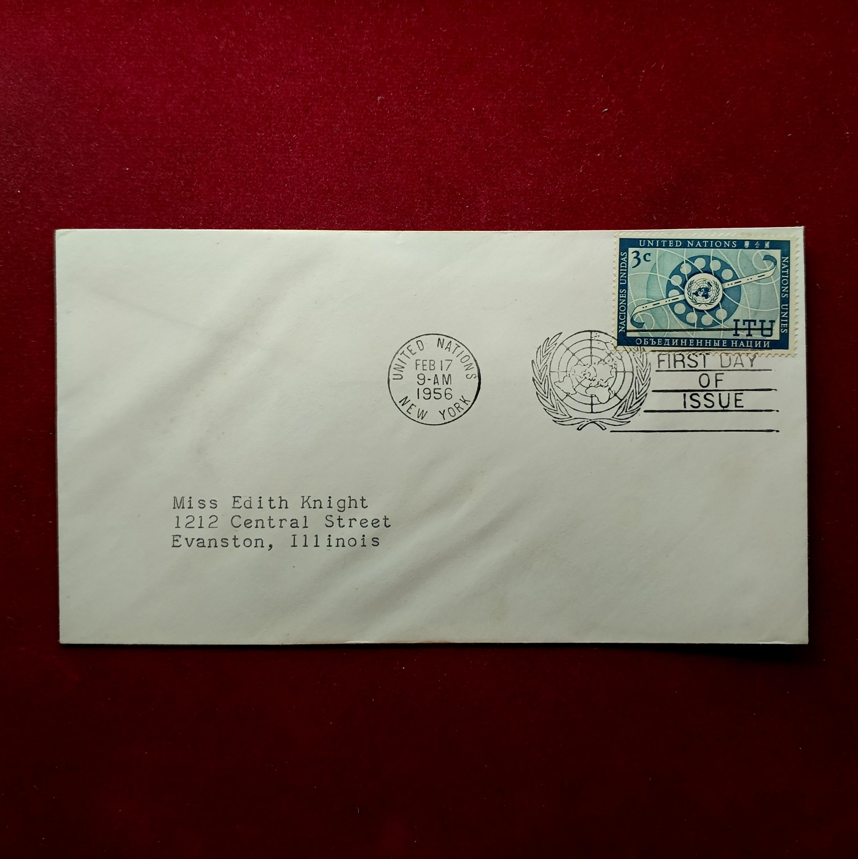 FDC :- United Nations 1956 3¢ International Telecommunication Union (ITU / UIT) Issue, New York Cancellation