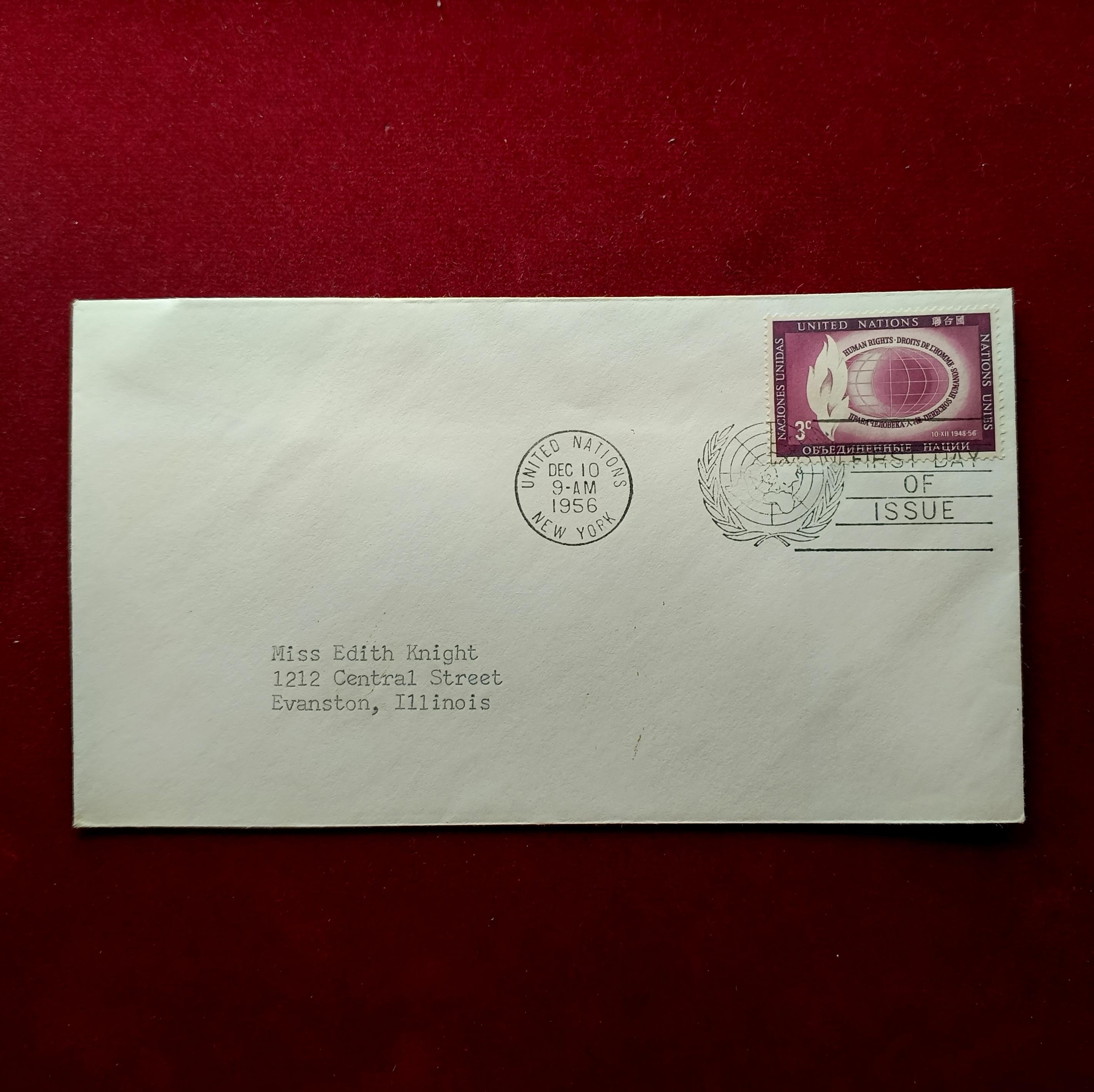 FDC:-United Nations 1956 “Human Rights — Universal Declaration” 3¢ — New York, December 10, 1956