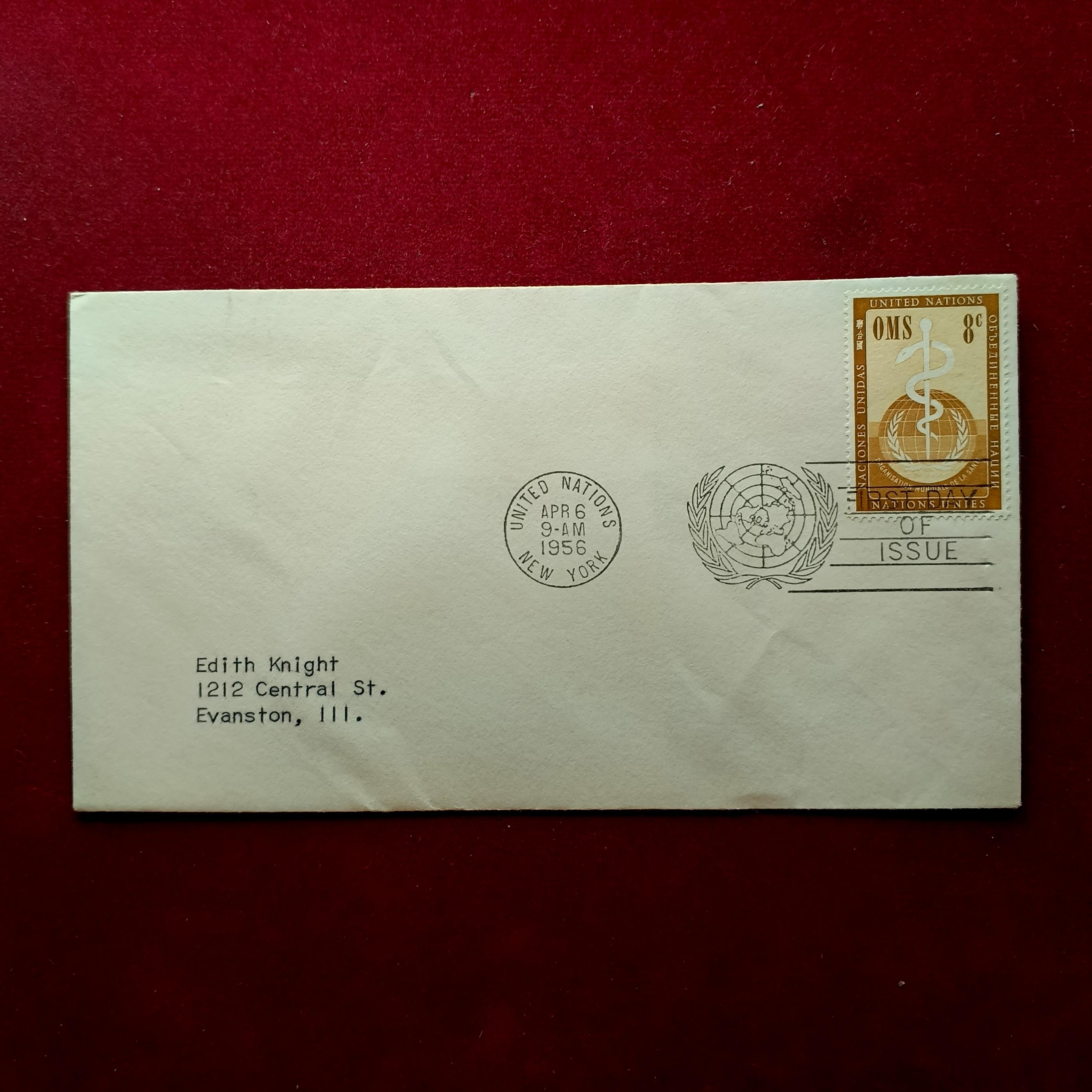 FDC:- United Nations 1956 World Health Organization (WHO / OMS) Issue 8¢ , New York Cancellation