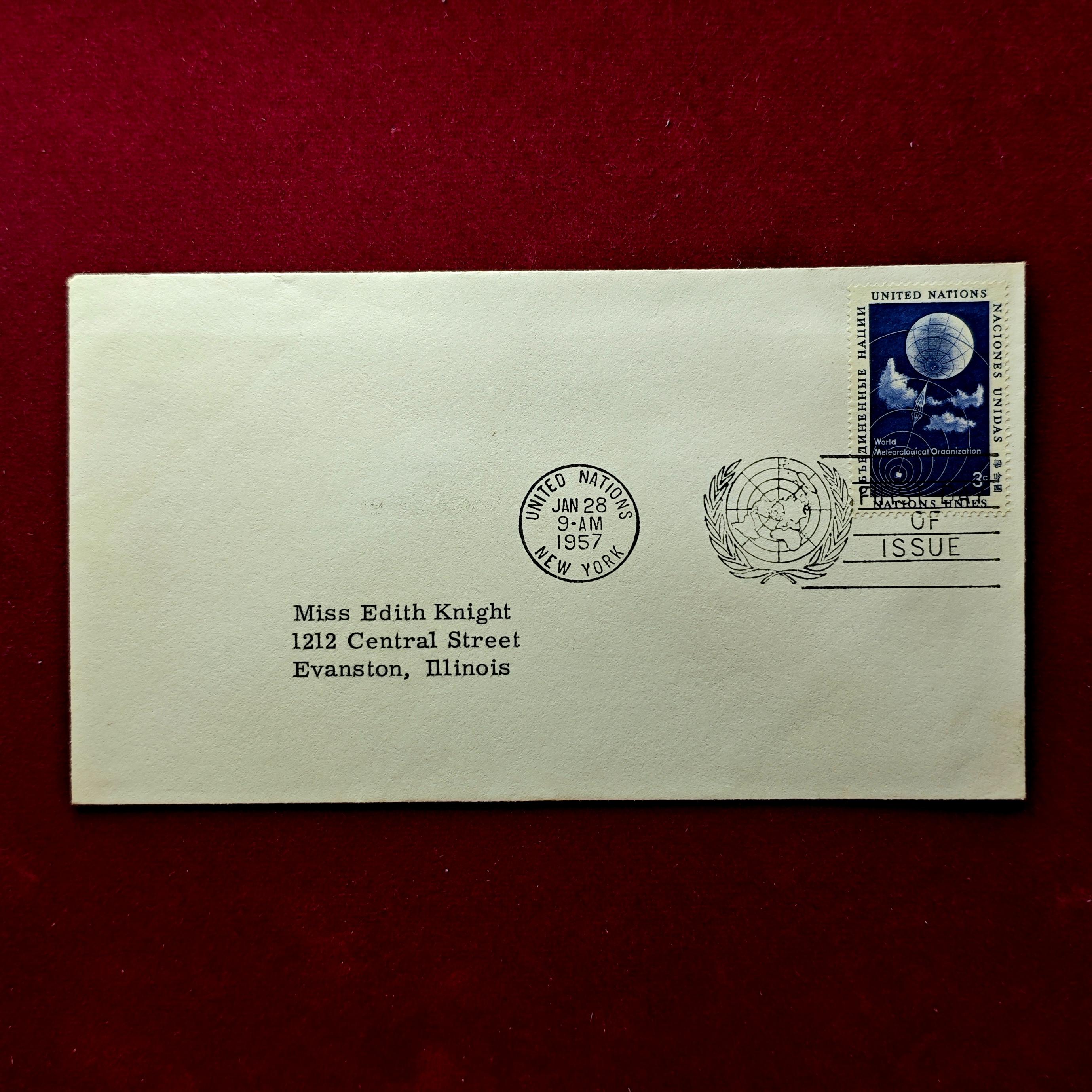 FDC :- United Nations 1957 “World Meteorological Organization (WMO)” 3¢ — New York, January 28, 1957