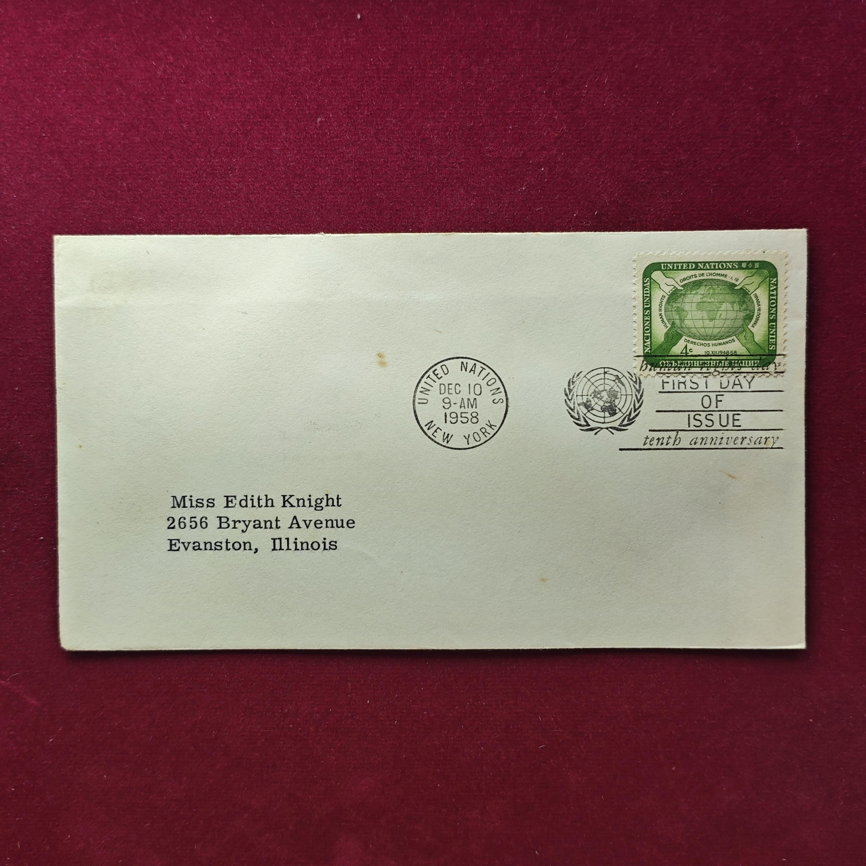 FDC:- United Nations 1958 “Tenth Anniversary of the Universal Declaration of Human Rights” 4¢ — New York, December 10, 1958