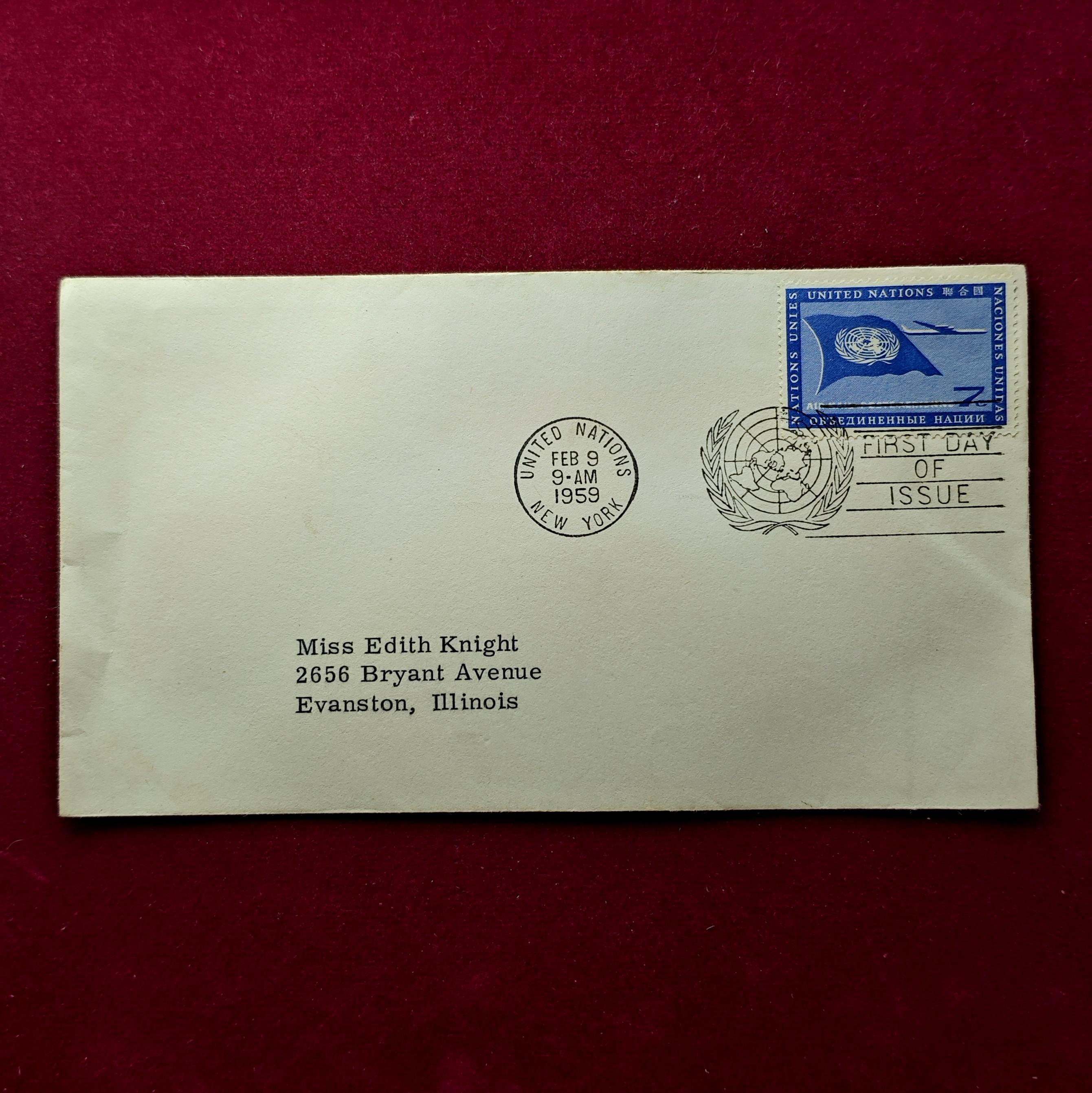 FDC:- United Nations 1959 “Dag Hammarskjold — UN Headquarters” 7¢ - New York, February 9, 1959