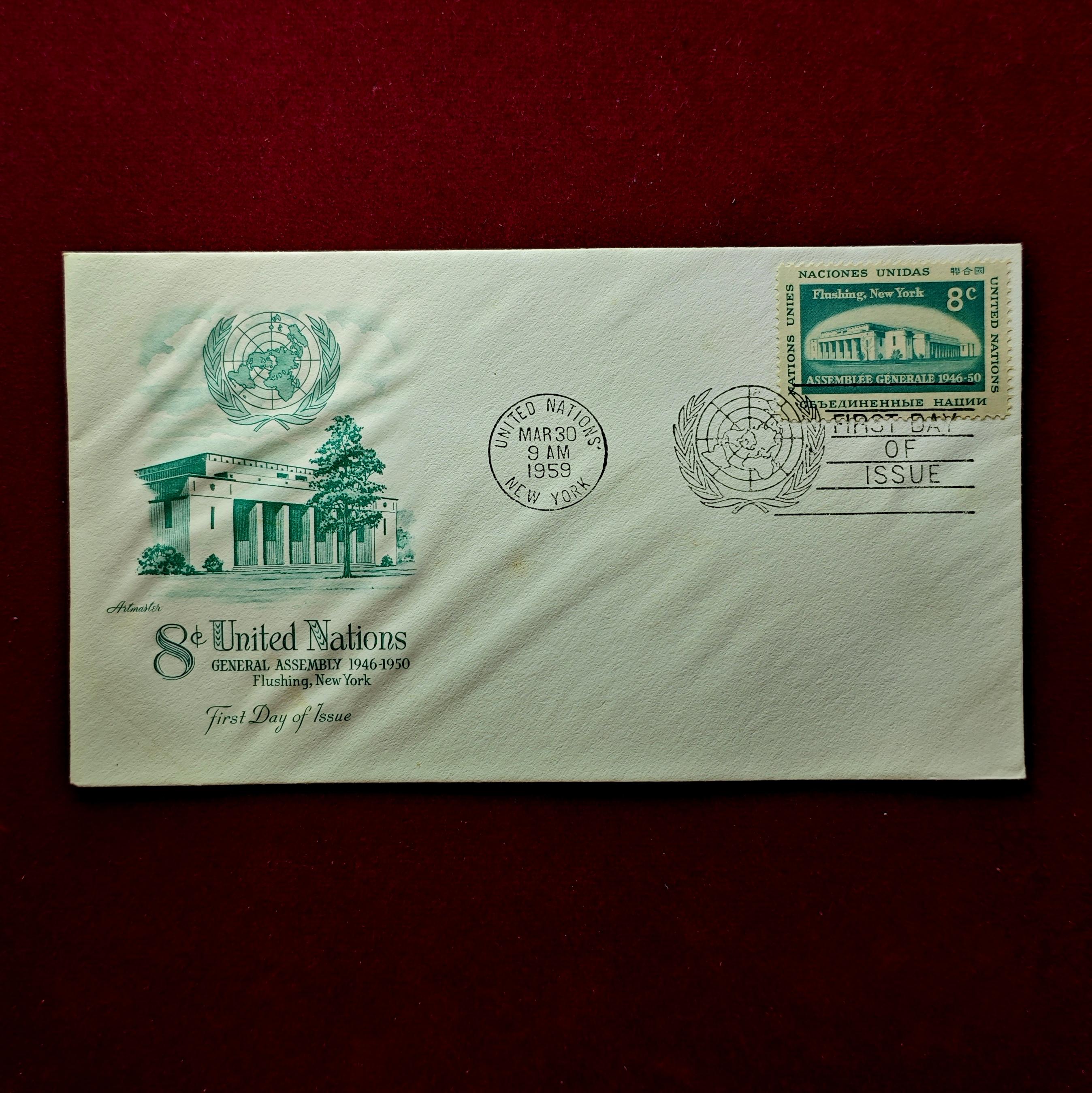 FDC:- United Nations 1959 “General Assembly 1946–1950, Flushing, New York” 8¢ - New York, March 30, 1959