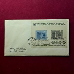 FDC :- United Nations 1960 Fifteenth Anniversary (two United Nations stamps with different denominations (4 Cent and 8 Cent)  New York)