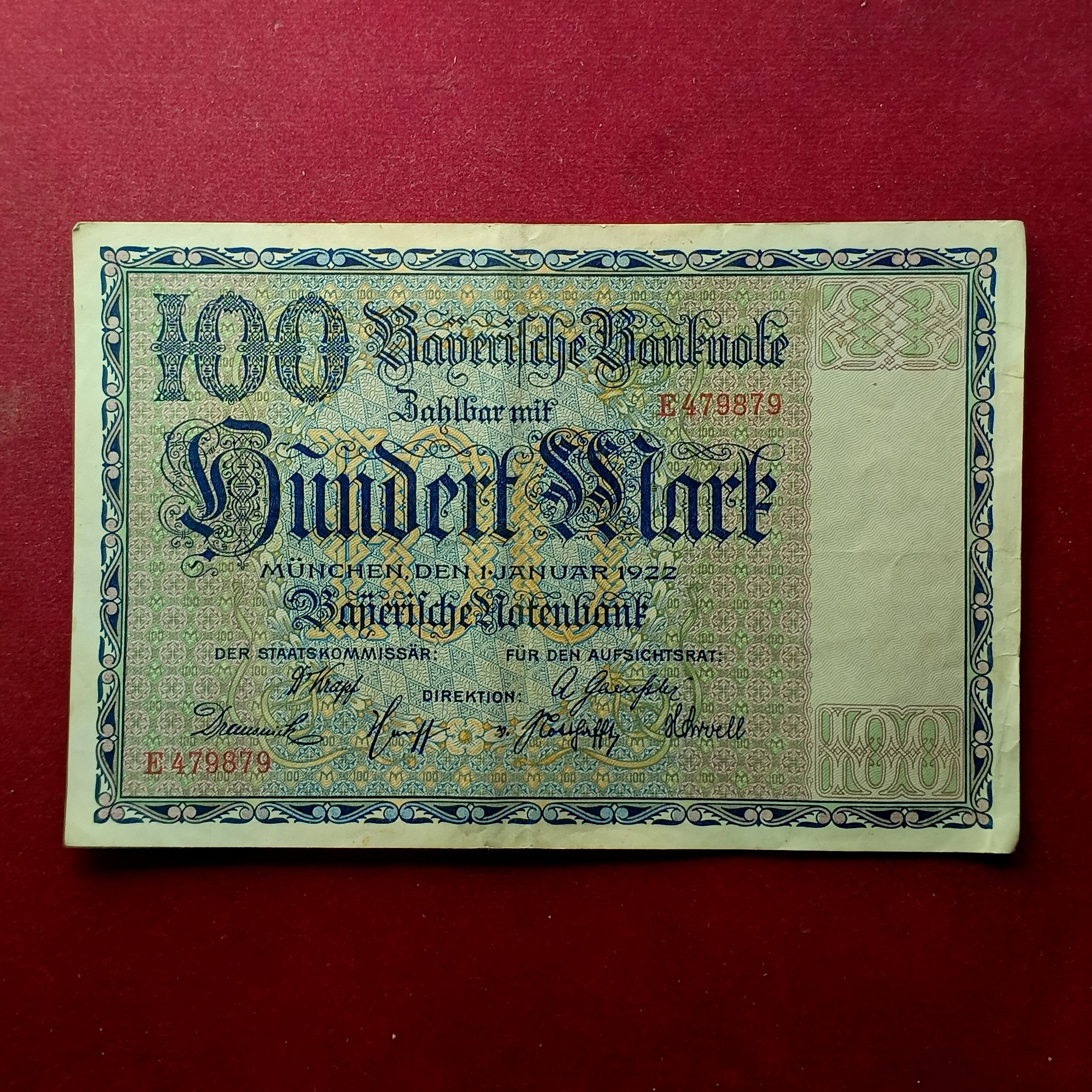Federal state of Bavaria (Germany) 100 Mark 1922 Banknote