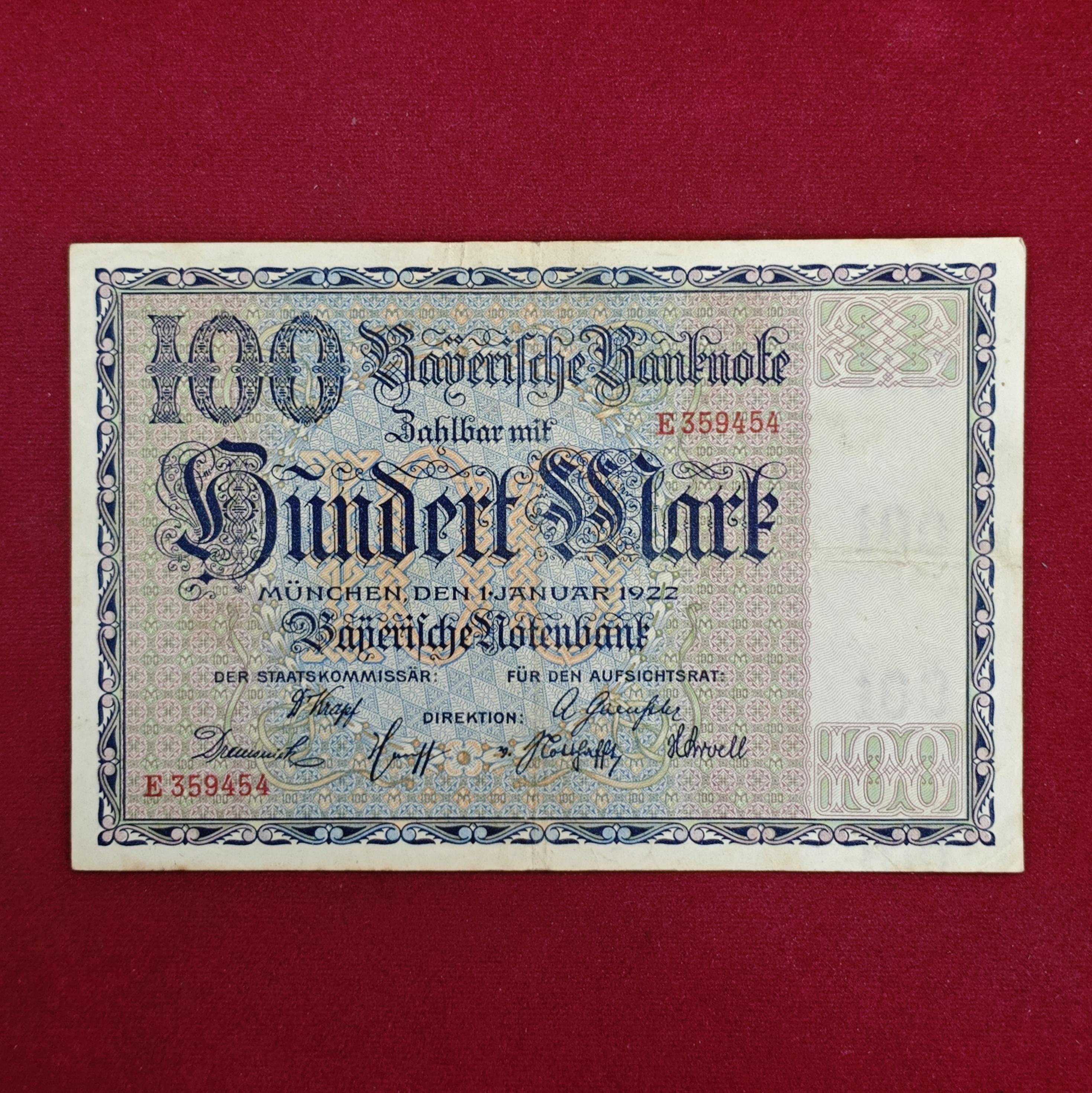 Federal state of Bavaria (Germany) 100 Mark 1922 Banknote