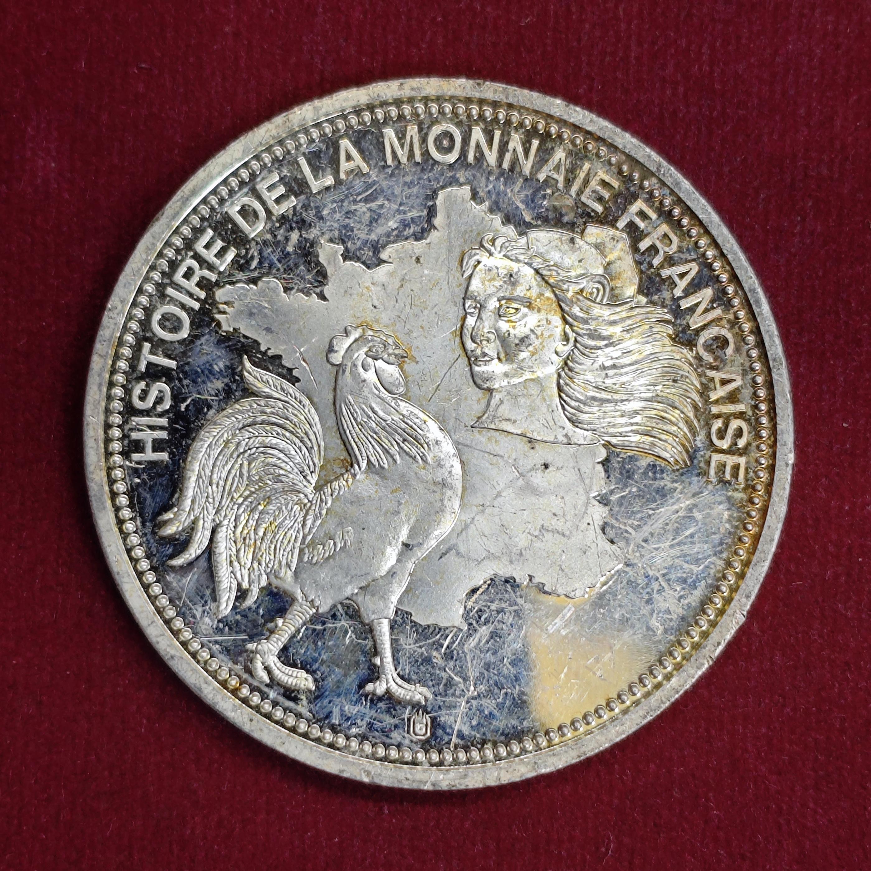 France 500 Centimes 1921–1929 Commemorative Medallion – Histoire de la Monnaie Française Marianne & Rooster Design (50mm)