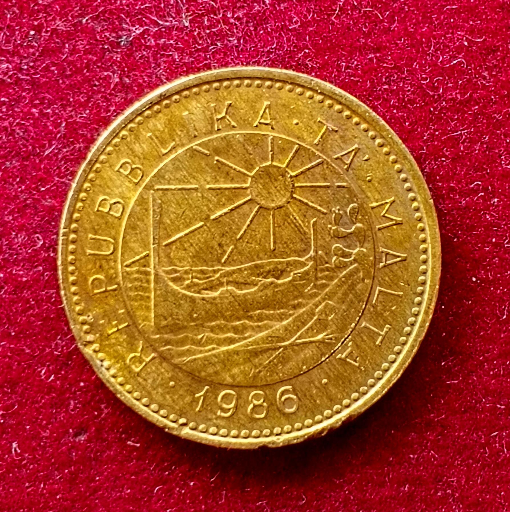 Malta 1 Cent rising sun, a traditional Maltese boat 1986 Coin