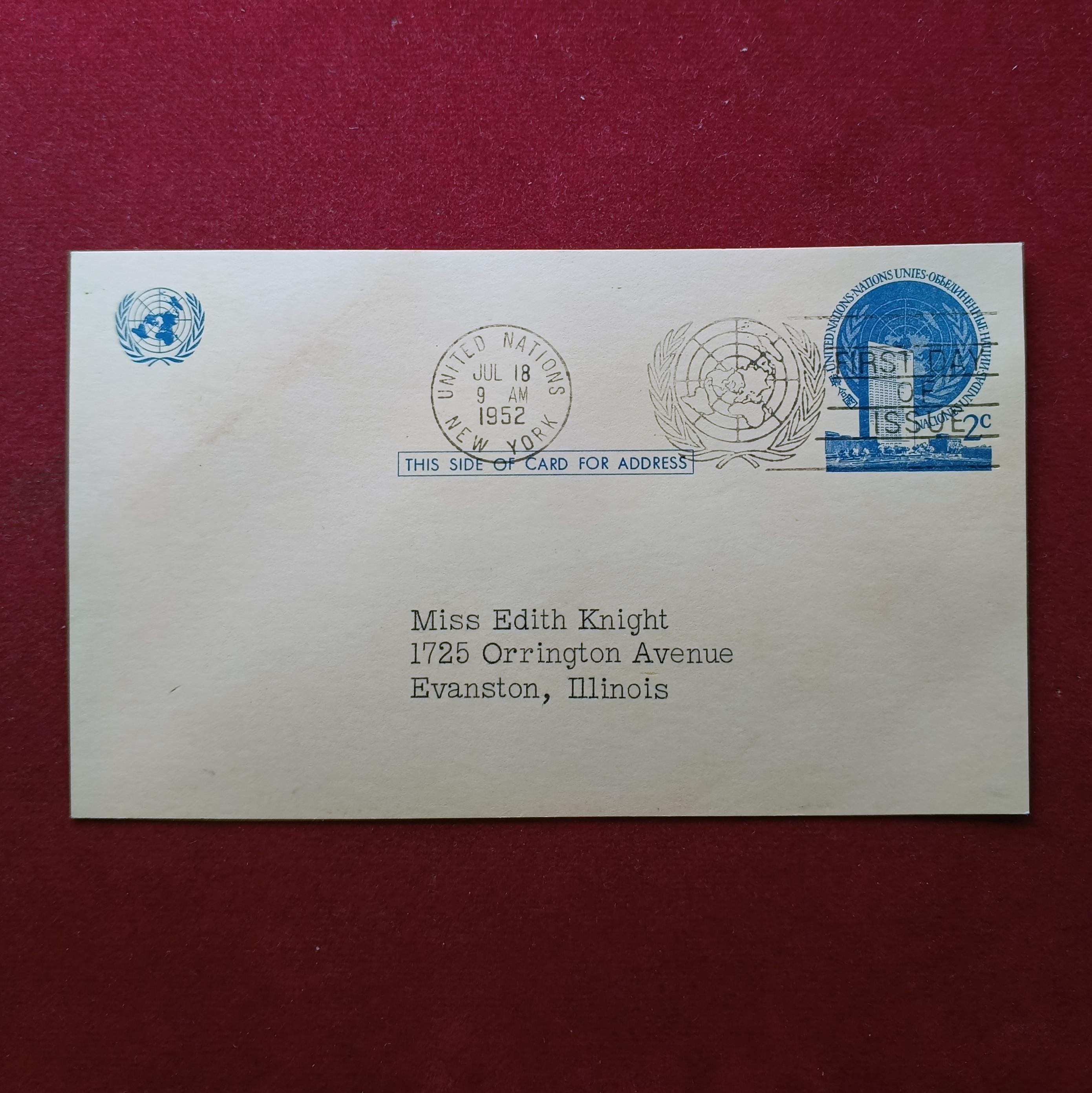 Post Card:- United Nations 1952 — 2¢ Emblem of the United Nations Issue, New York Cancellation