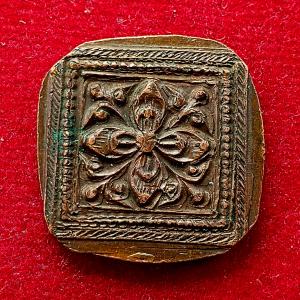 Square Copper Temple Token with Floral Motif tibet