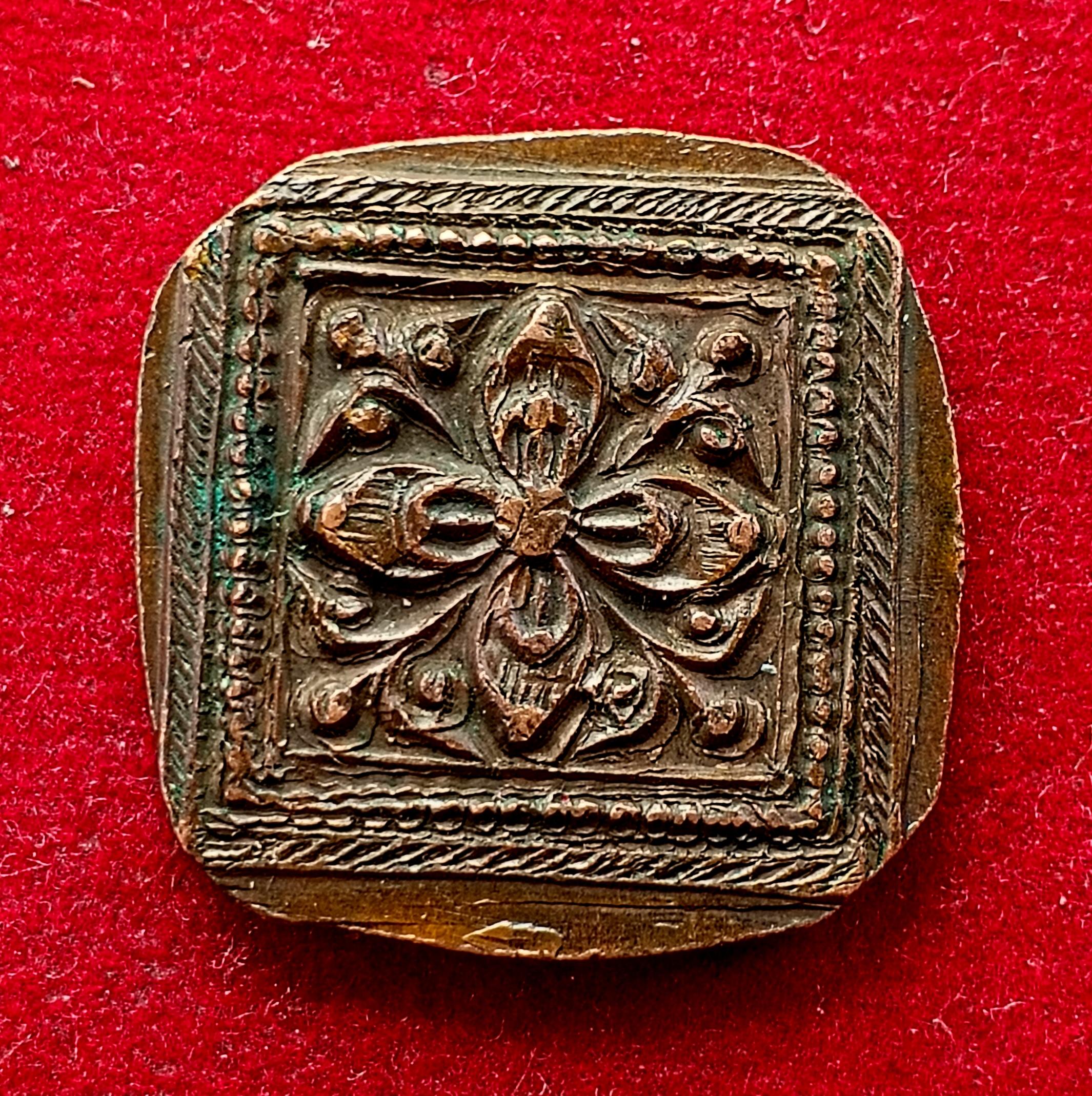 Square Copper Temple Token with Floral Motif tibet