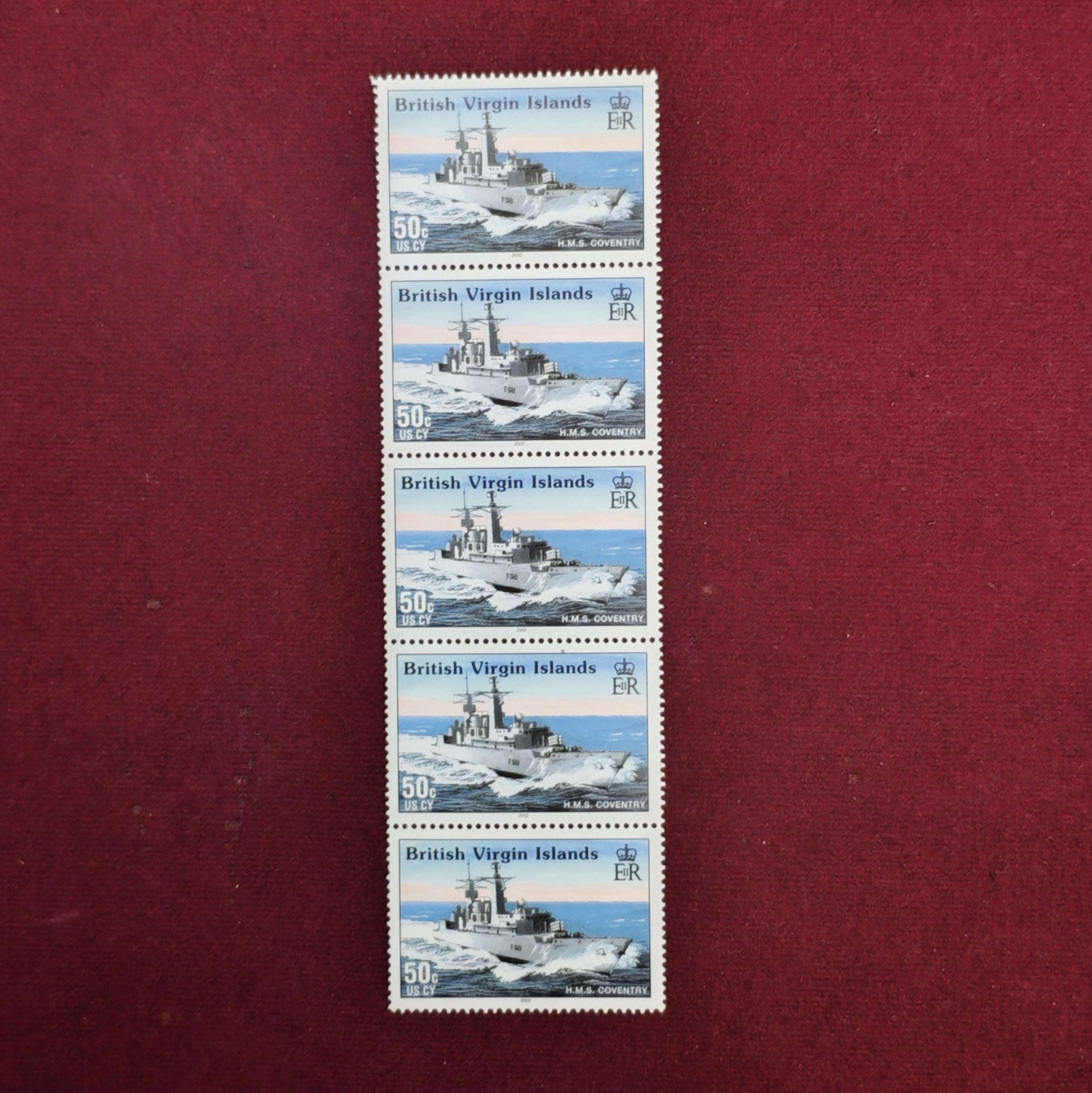 Stamp :- British Virgin Islands 50c – H.M.S. Coventry (F98) Complete Strip of 4 Stamps