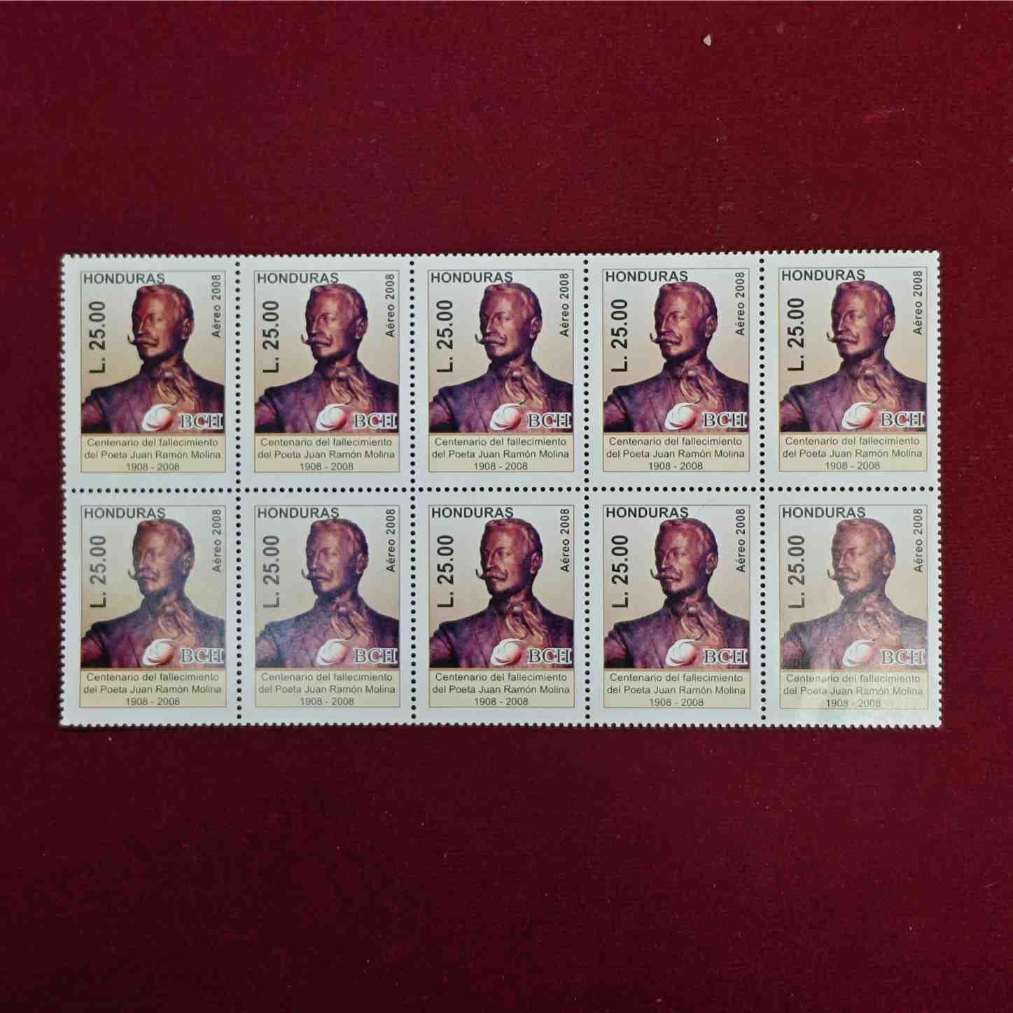 Stamp : - Honduras L. 25.00 – Juan Ramon Molina Centenary 1908–2008 Block of 10 Airmail Stamps