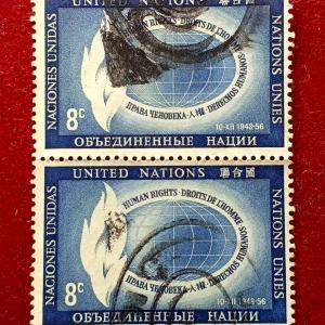 Stamp :- United Nations 1956 8¢ Human Rights Stamp Pair — Commemorative Issue