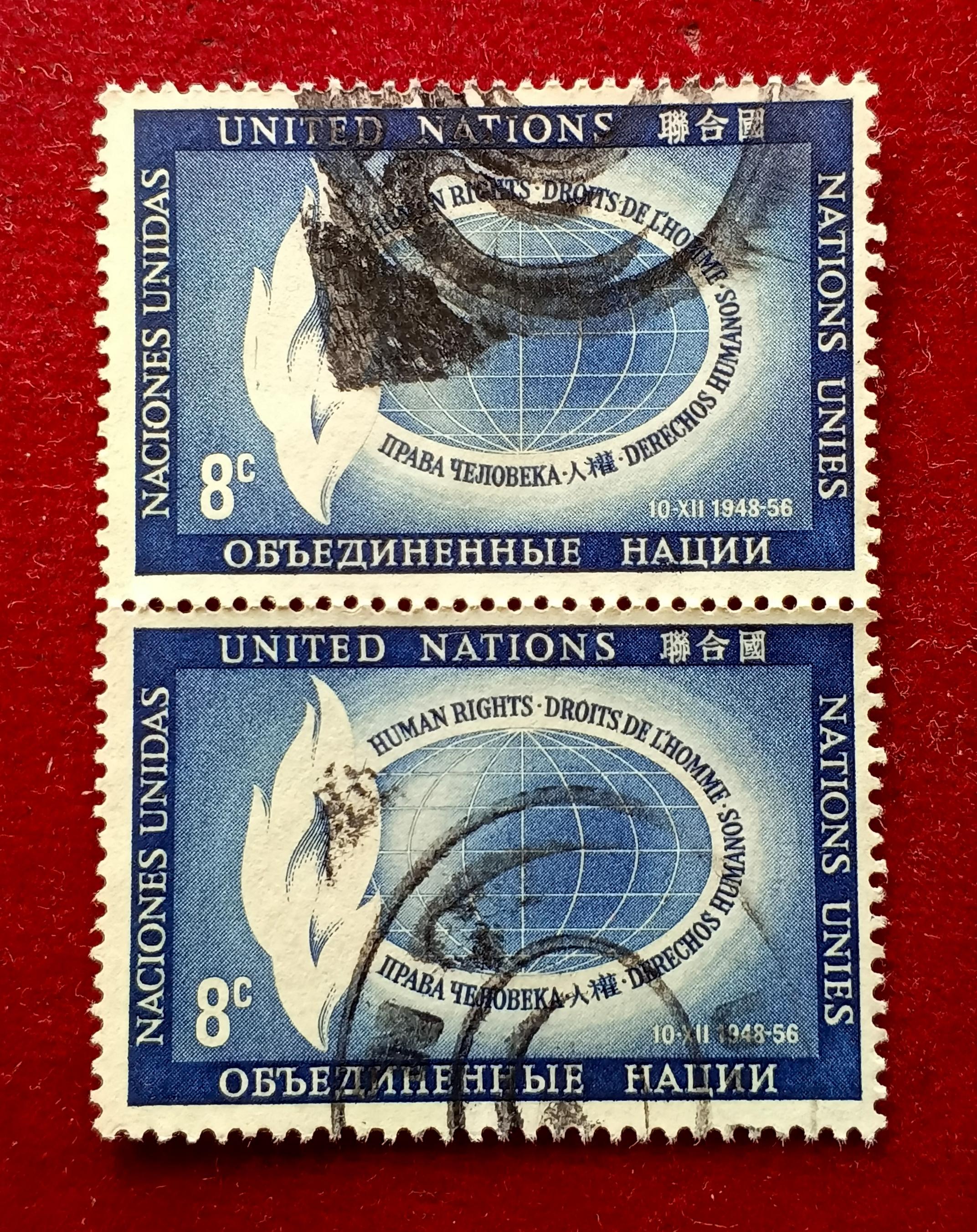 Stamp :- United Nations 1956 8¢ Human Rights Stamp Pair — Commemorative Issue