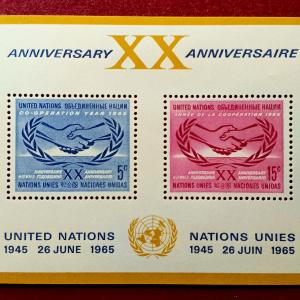 Stamp :- United Nations 1965 20th Anniversary Souvenir Sheet – Featuring 5¢ and 15¢ “Co-operation Year” Stamps, Issued June 26, 1965