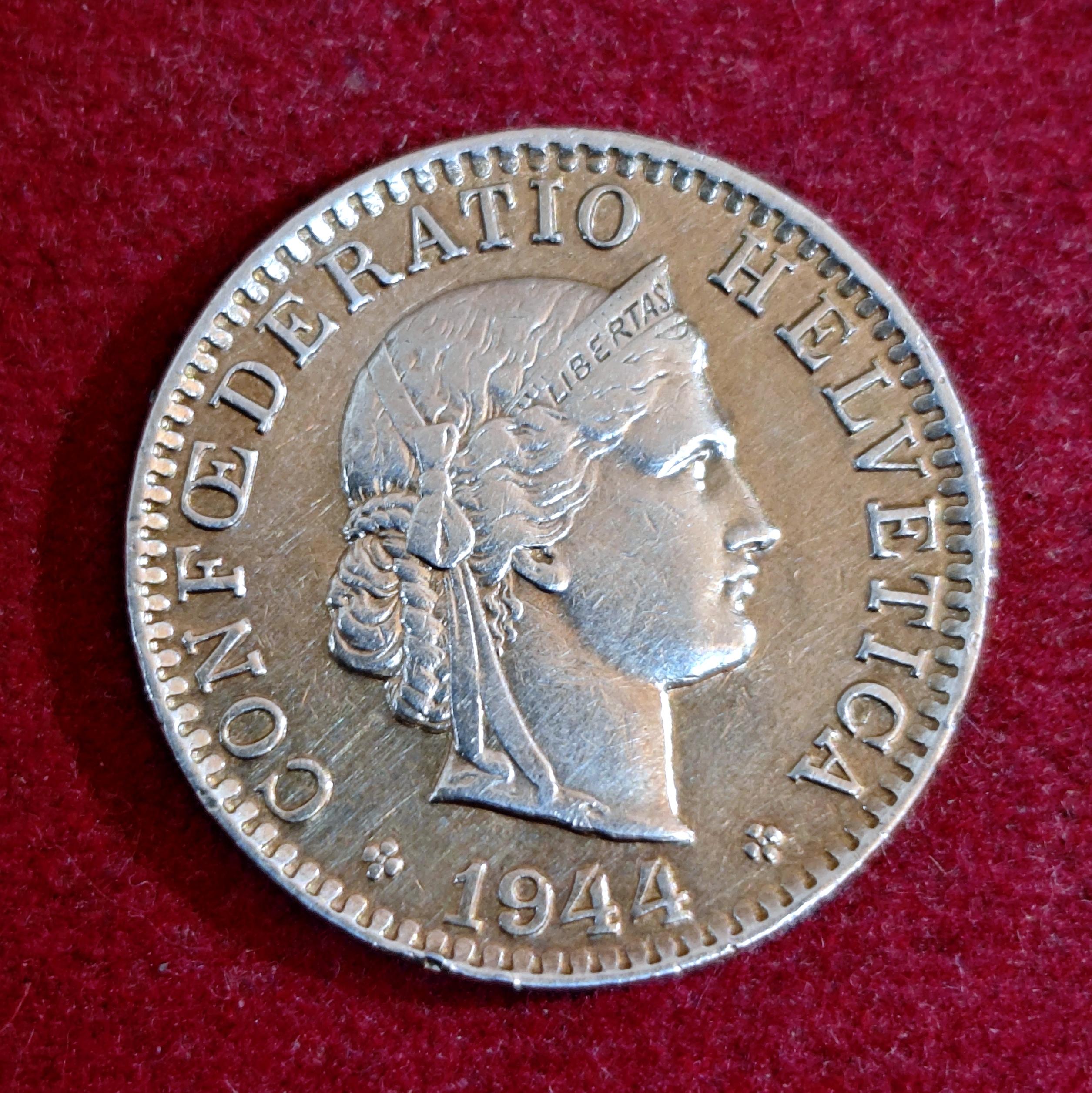 Switzerland 20 Rappen Libertas 1944 Coin
