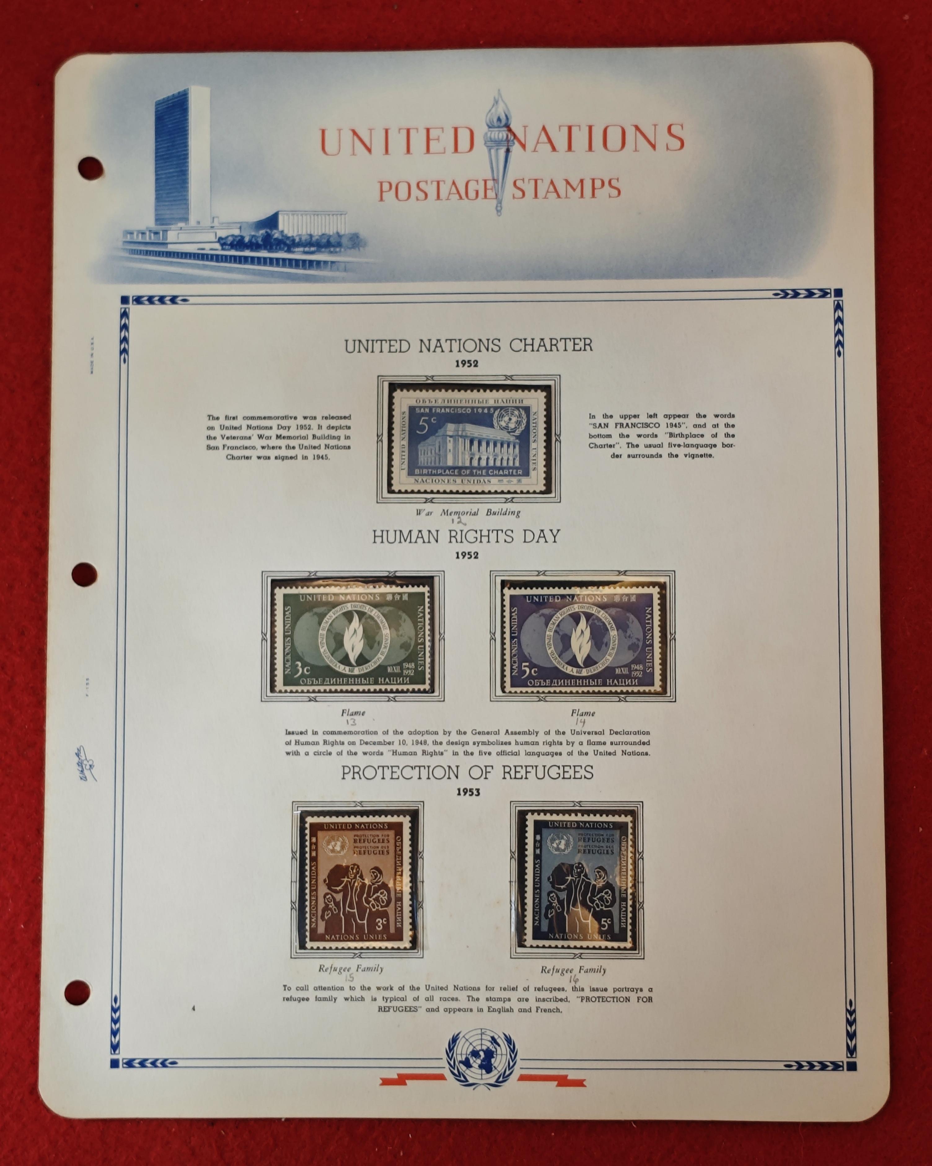 United Nations 1952–1953 Commemorative Stamp Set – UN Charter, Human Rights Day, and Protection of Refugees (Mounted Album Page) 5v Stamps