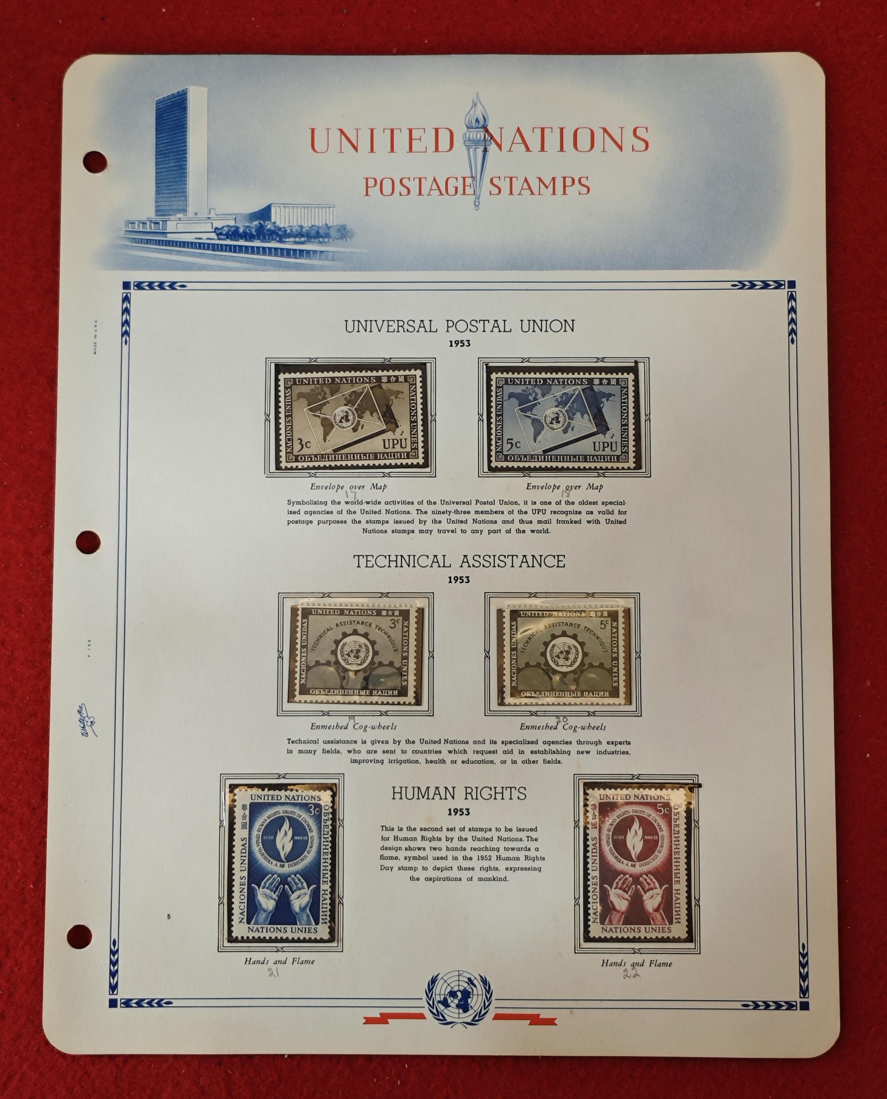 United Nations 1953 Commemorative Stamp Set – Universal Postal Union, Technical Assistance, and Human Rights Issues (Mounted Album Page) 6v Stamps