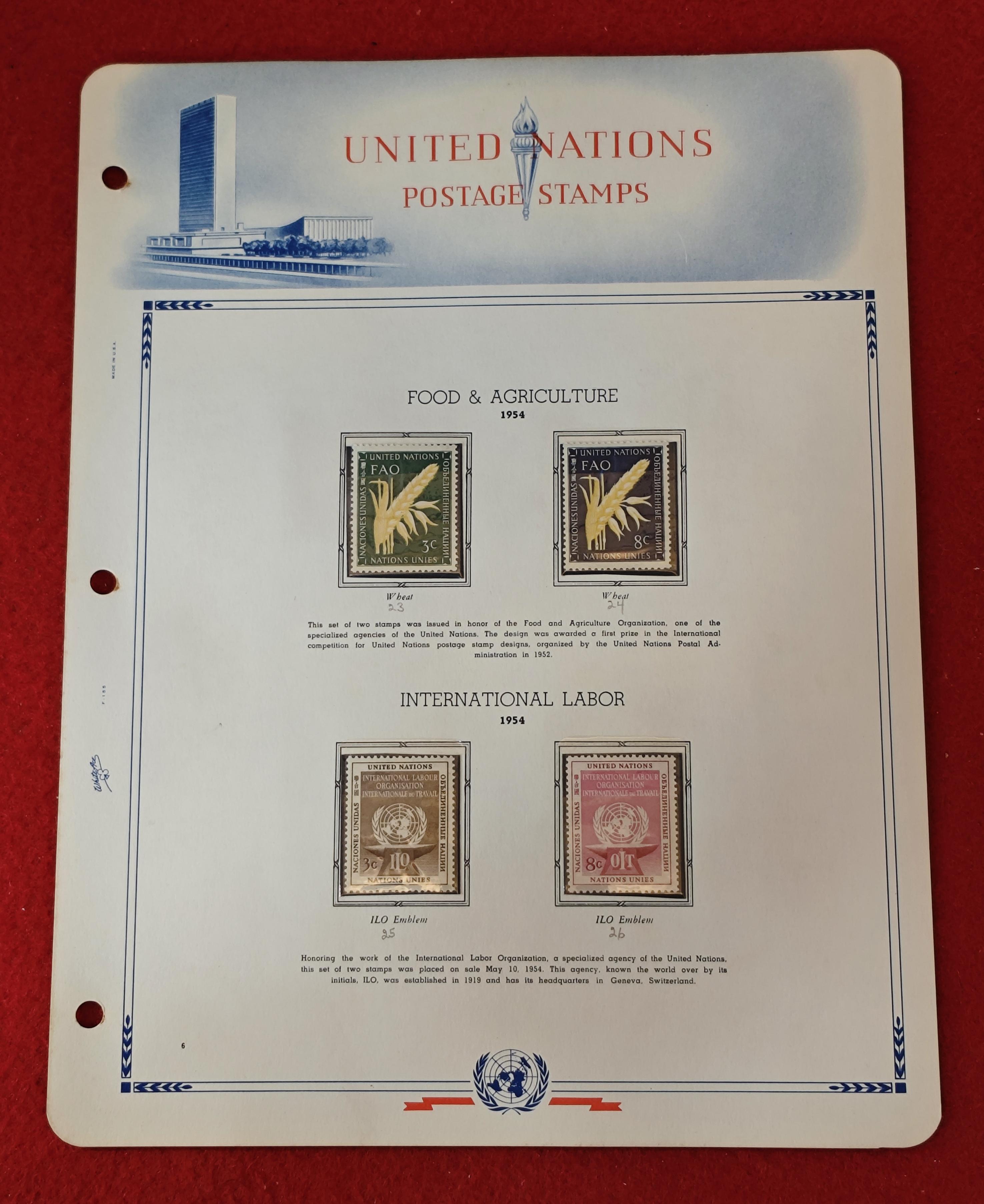 United Nations 1954 Commemorative Stamp Set – Food & Agriculture (FAO) and International Labor Organization (ILO) Issues (Mounted Album Page) With 4v Stamps