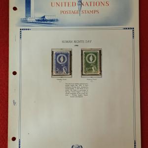 United Nations 1955 Commemorative Stamp Set – Human Rights Day “Flaming Torch” Issue (Mounted Album Page) With 2v Stamps