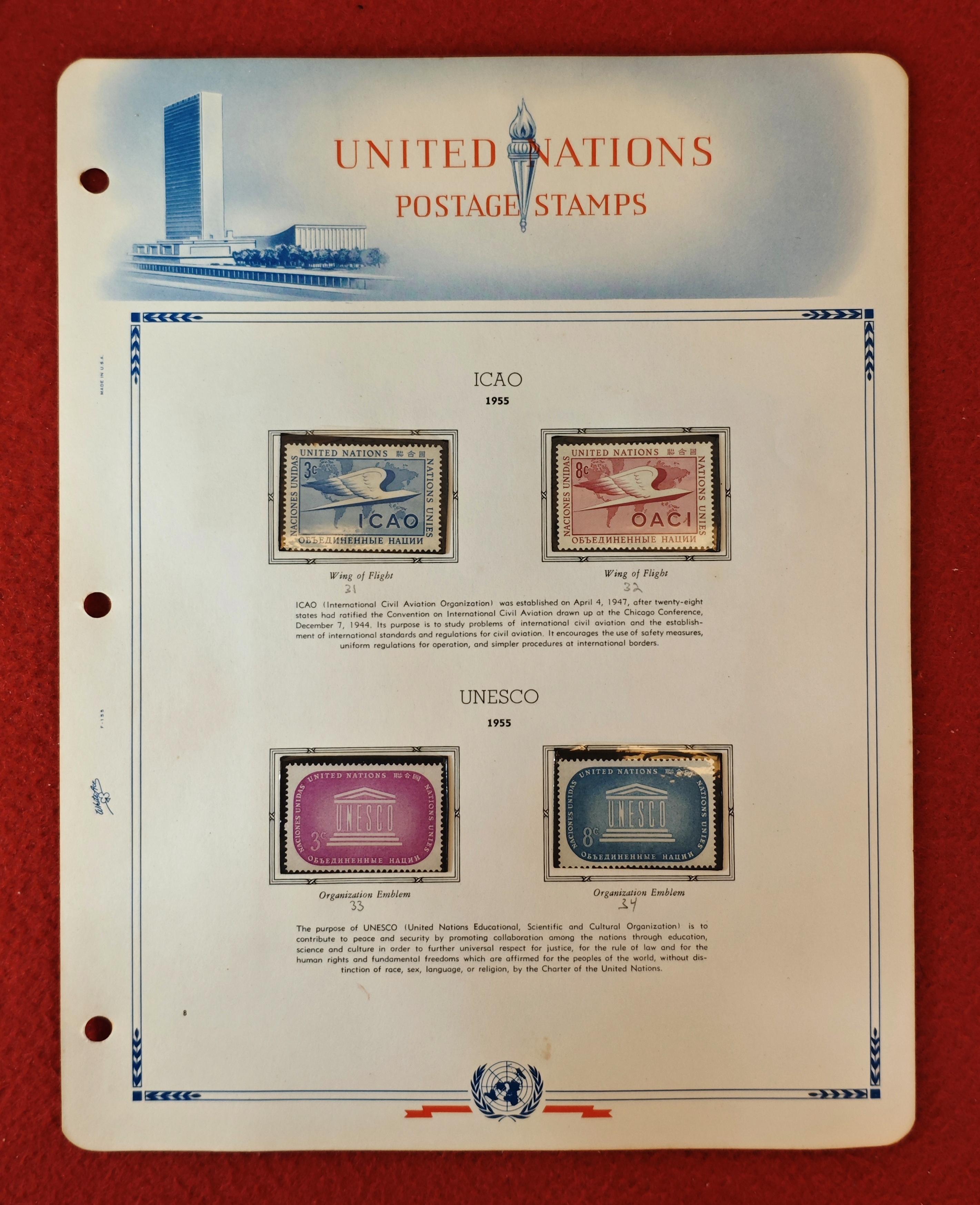 United Nations 1955 Commemorative Stamp Set – ICAO & UNESCO Issues (Mounted Album Page) 4v Stamps