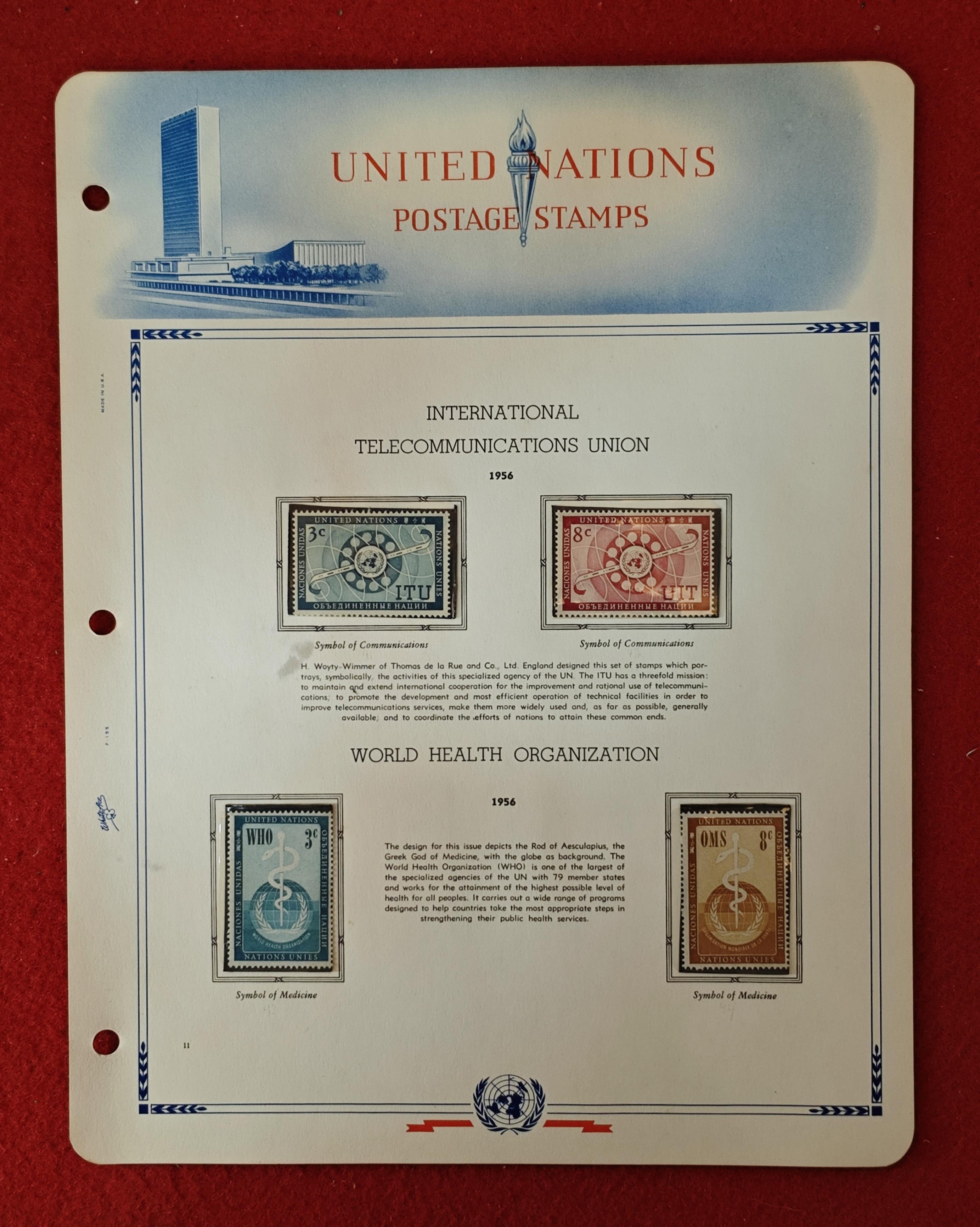 United Nations 1956 Commemorative Stamp Set – International Telecommunications Union & World Health Organization Issues (Mounted Album Page) With 4v Stamps