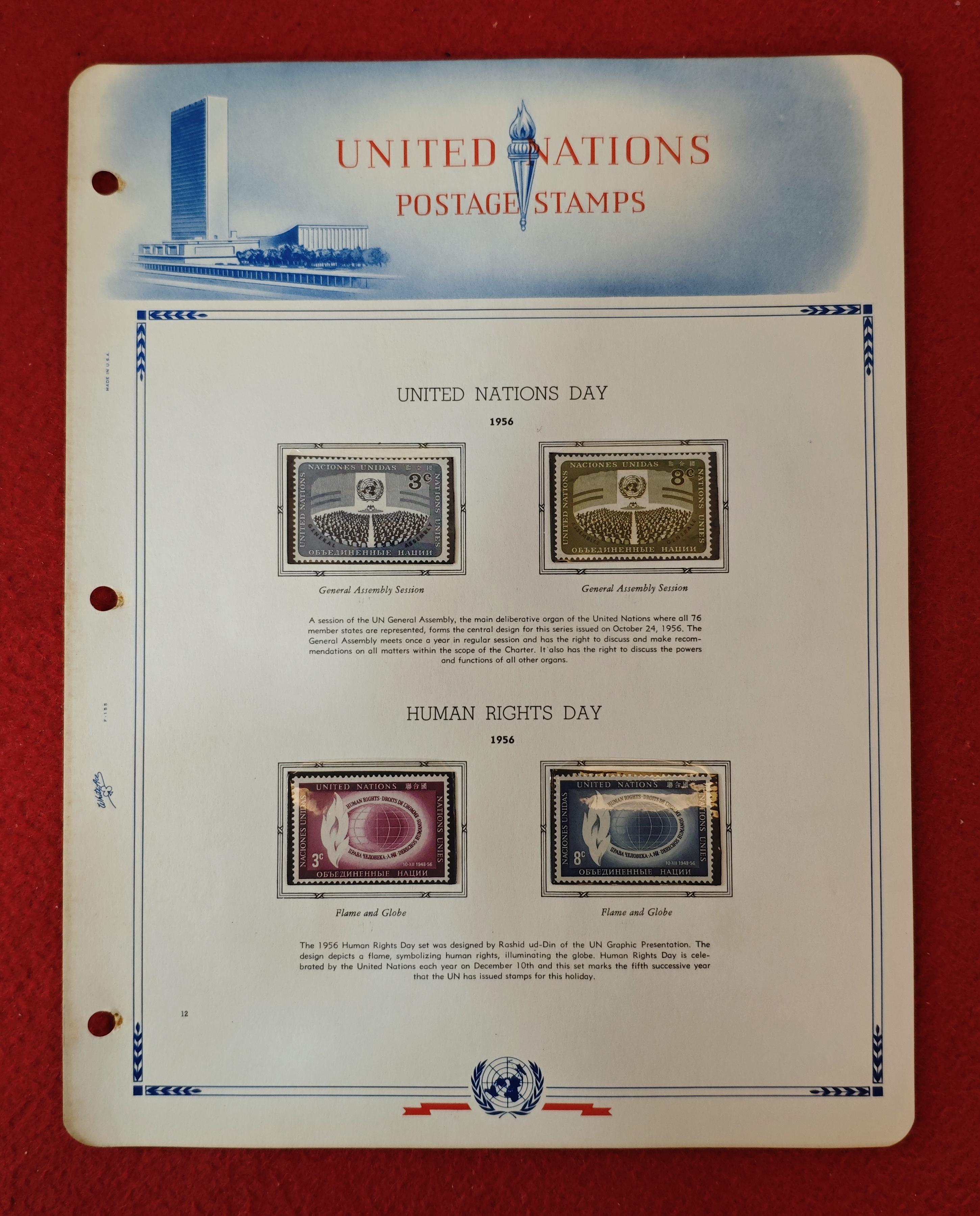 United Nations 1956 Commemorative Stamp Set – United Nations Day & Human Rights Day Issues (Mounted Album Page) With 4v Stamps