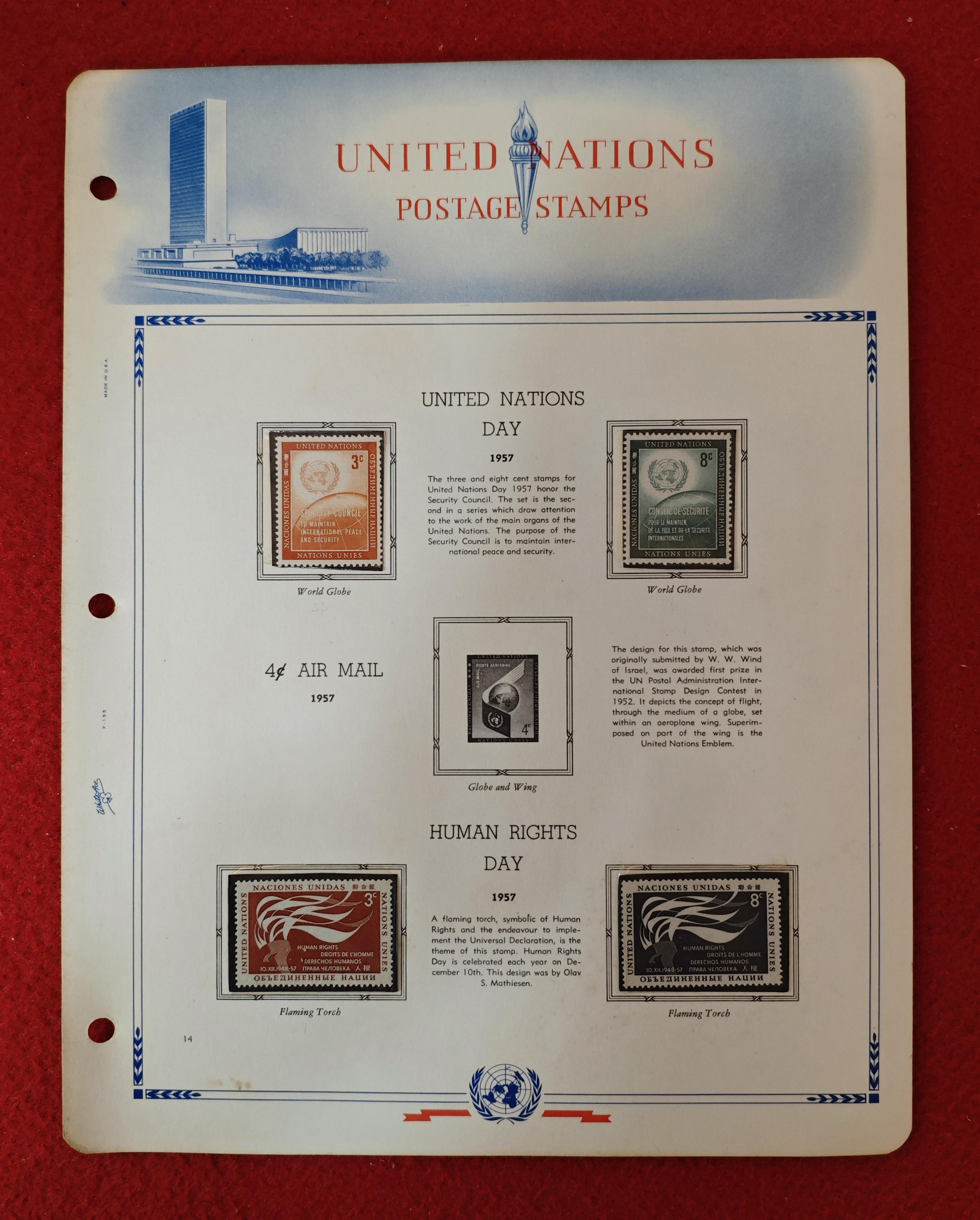 United Nations 1957 Commemorative Stamp Set – United Nations Day, Human Rights Day & Airmail Issues (Mounted Album Page) With 4v Stamps