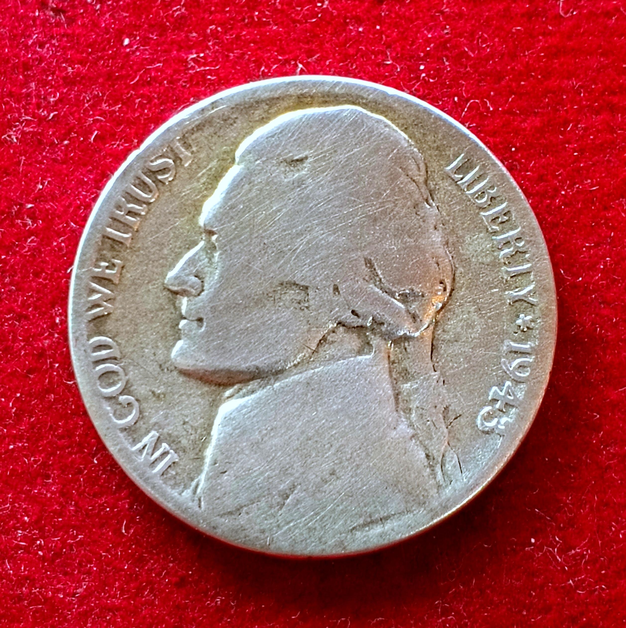 United States (USA) 5 Cents “Jefferson Wartime Nickel” 1st portrait 1943 Coin (P – Philadelphia Mint)